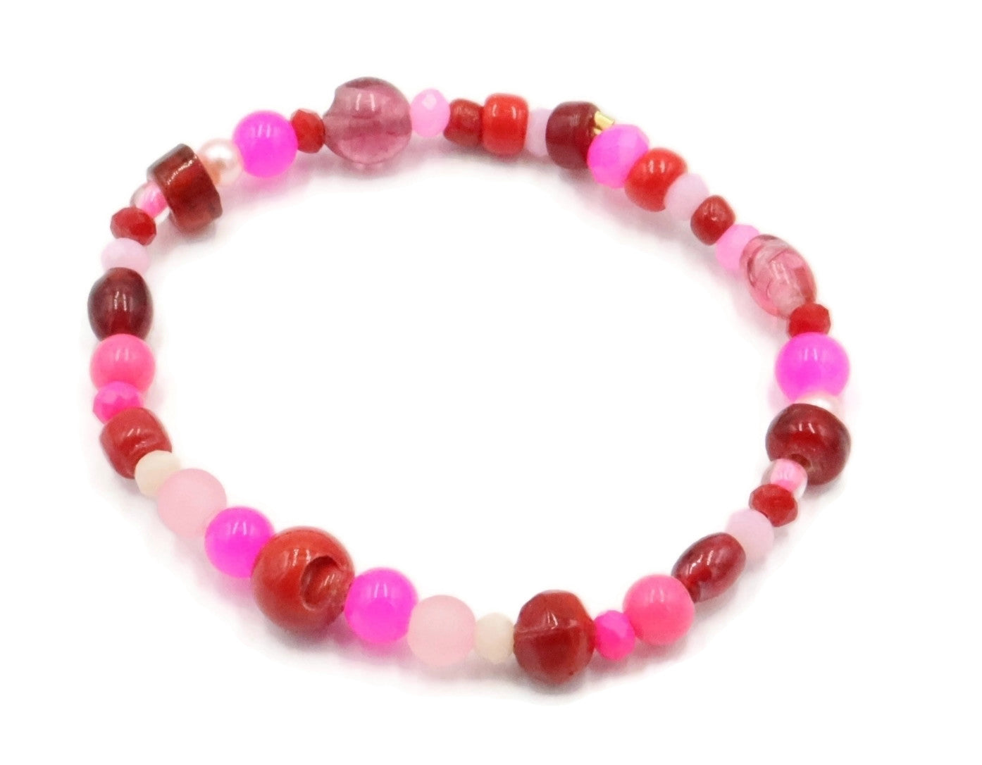 A Bite Out of Our Cherry Hot Pink and Various Red Glass Beaded Bracelet by Monkeys Mojo