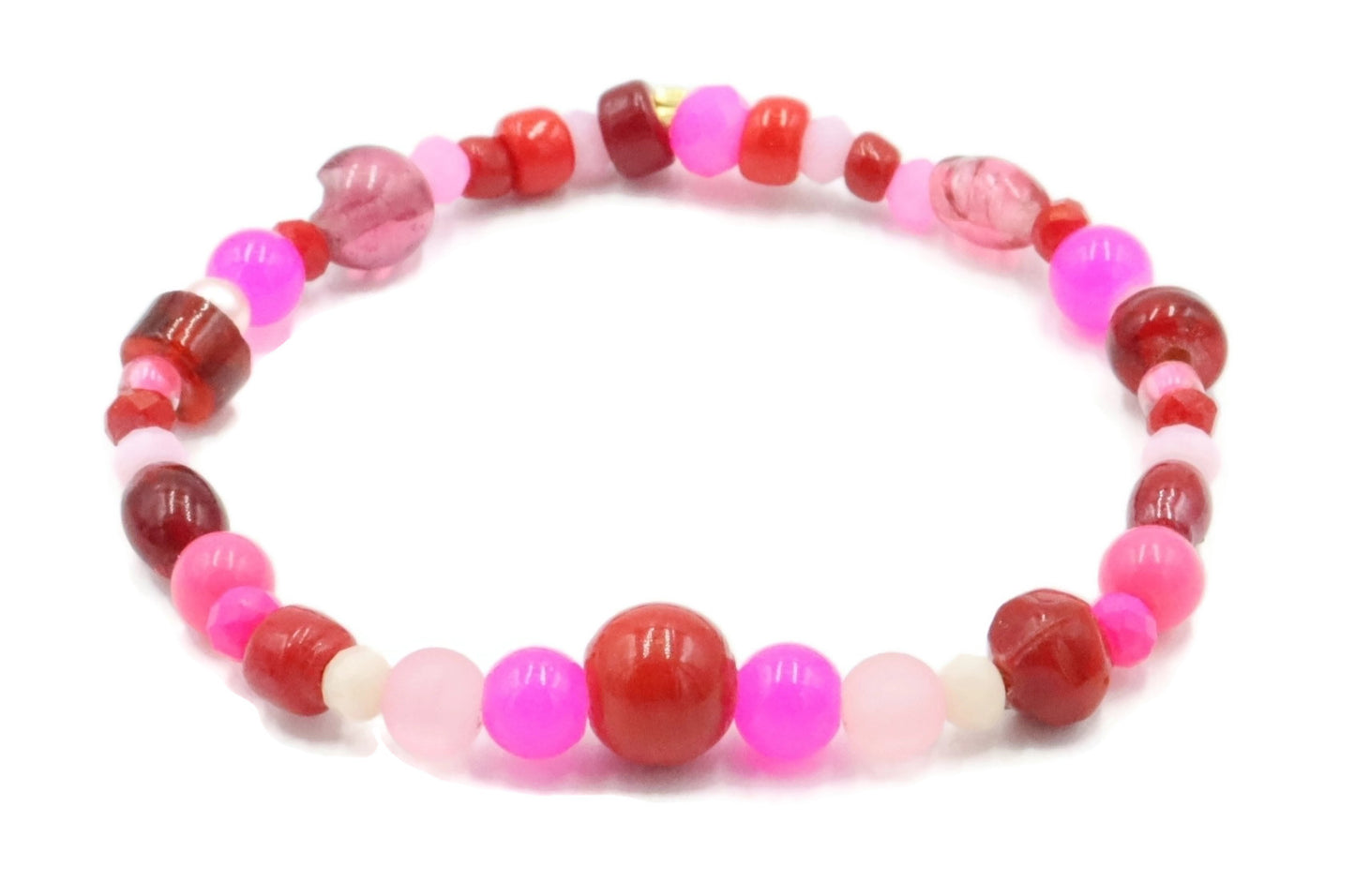 A Bite Out of Our Cherry Hot Pink and Various Red Glass Beaded Bracelet by Monkeys Mojo