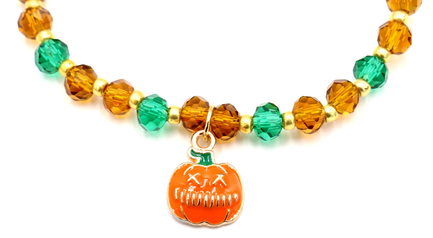 Faceted Orange and Green Scary Craved Pumpkin Patch Stretch Charm Bracelet by Monkeys Mojo