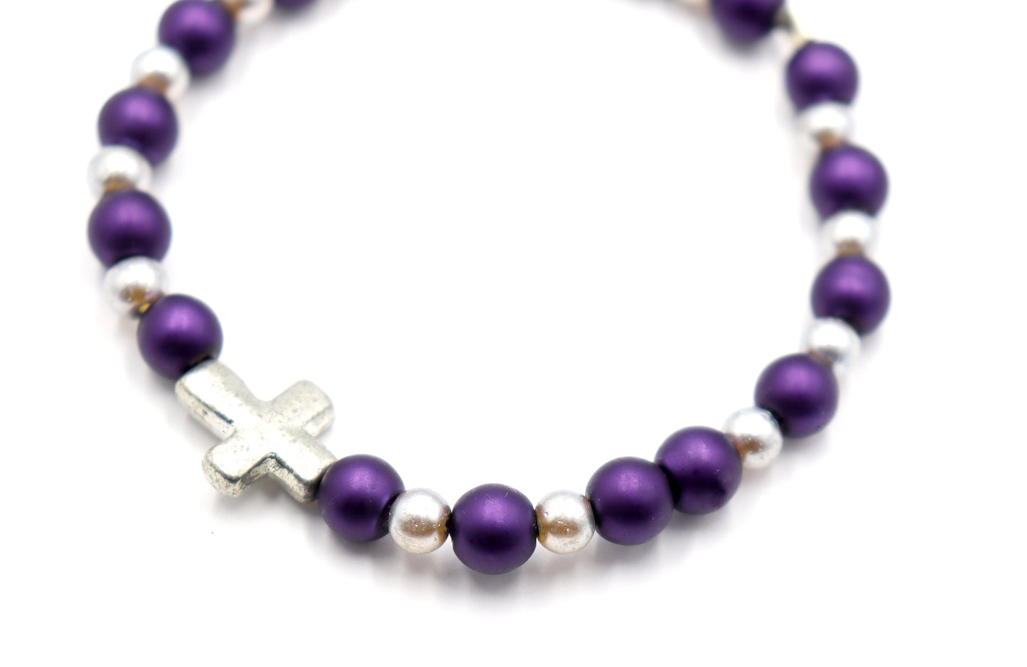 Royal Purple and Silver Pearl Glass Beads with Silver Tone Metallic Cross Stretch Bracelet by Monkey's Mojo