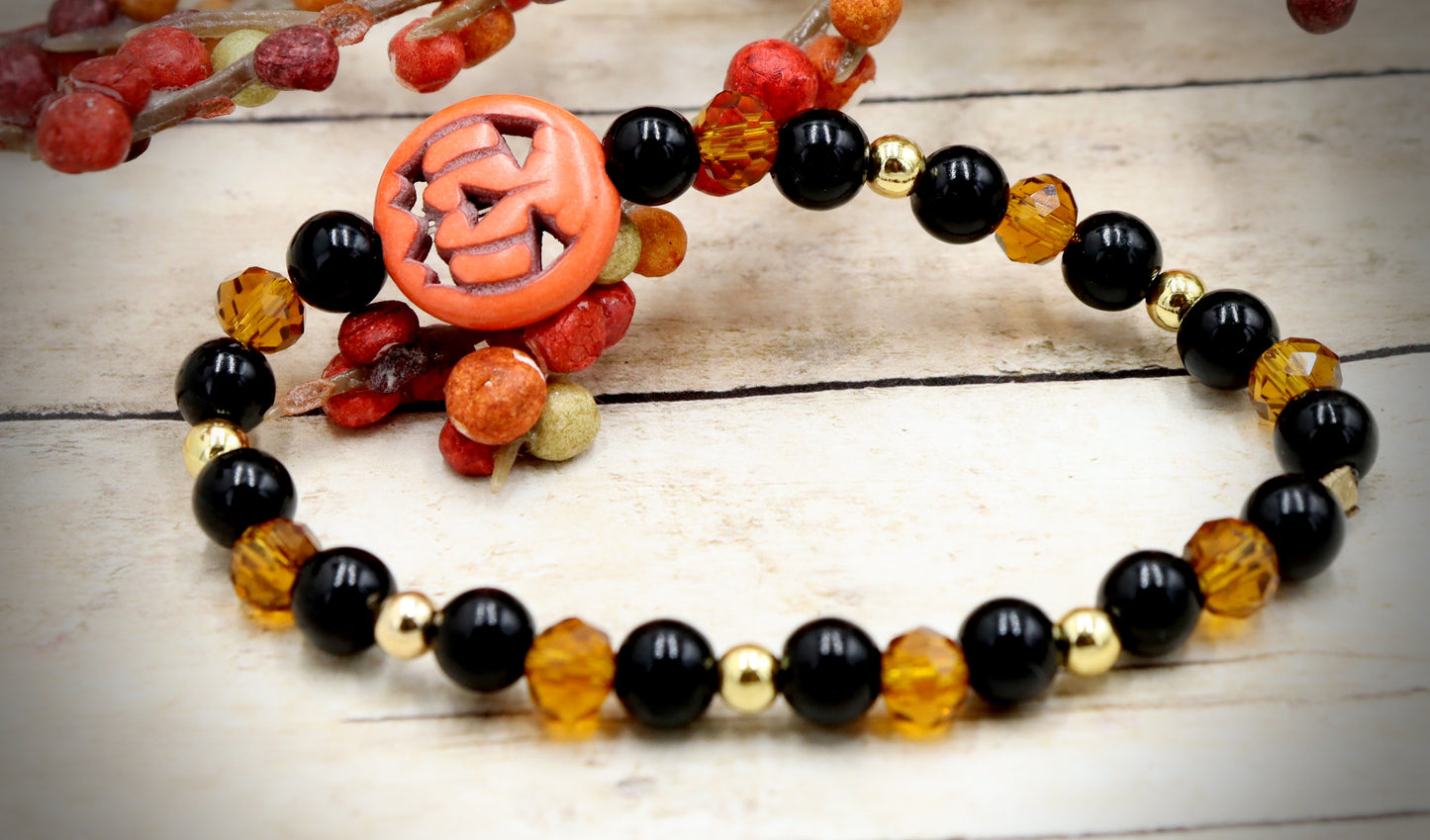 Pumpkin King Black and Gold Scream Halloween Themed Glass Bead Stretch Bracelet by Monkey's Mojo