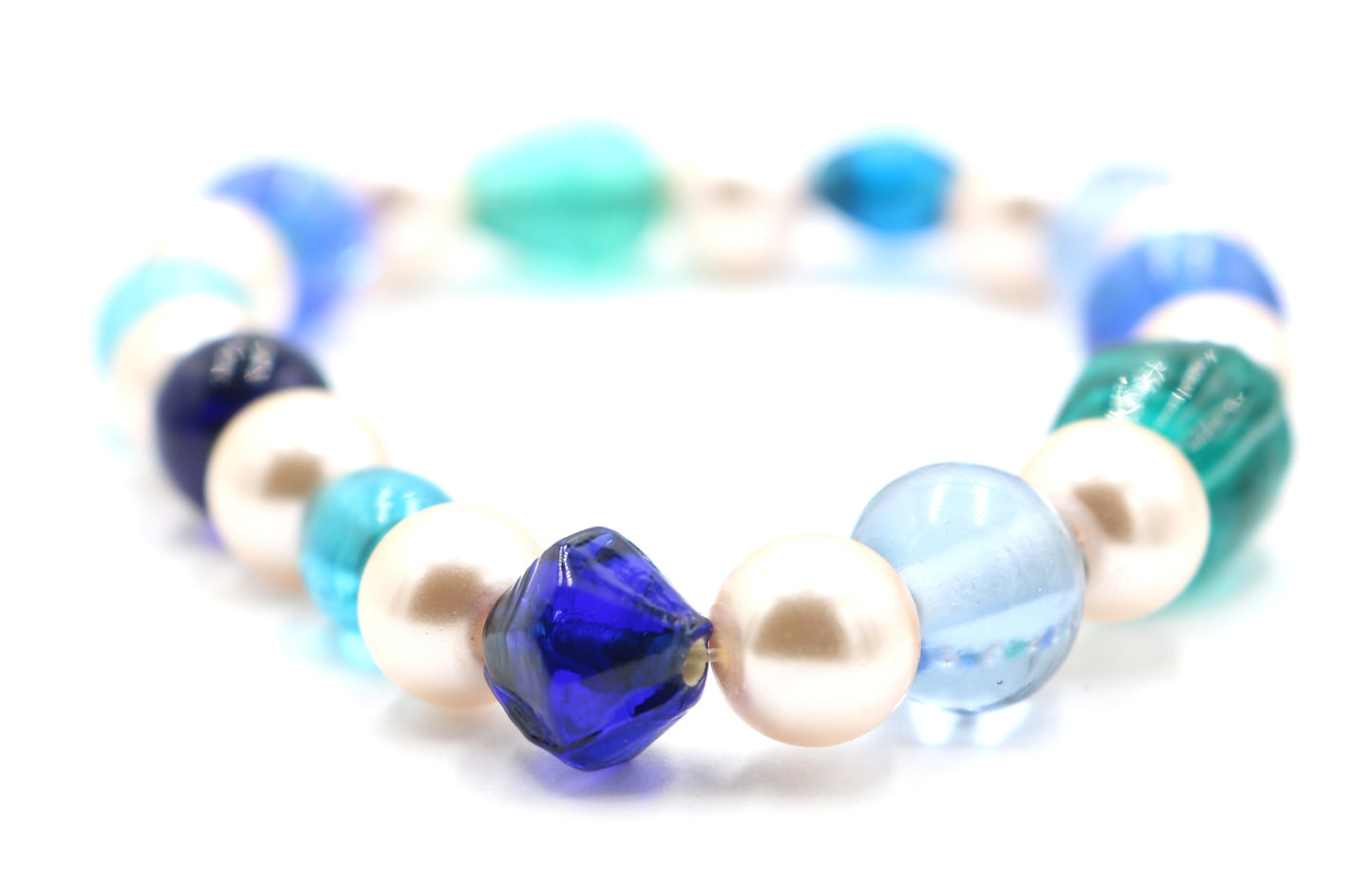 A Pearl in a Blue Sea - On by Pearl and Two by Sea Glass Women's Stretch Bracelet by Monkey's Mojo