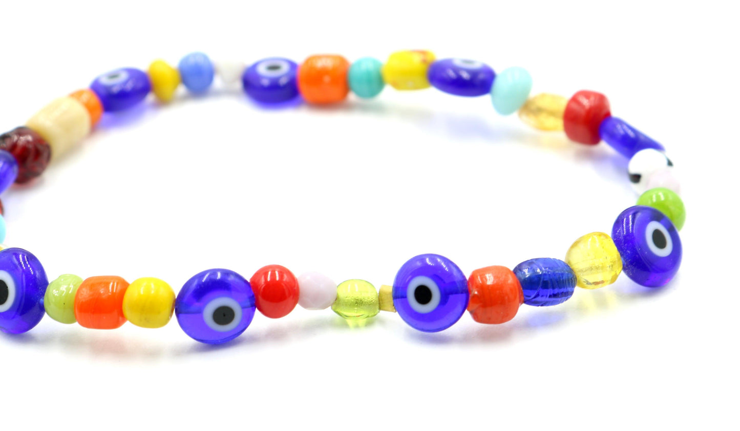 Evil Eyes and Tie Dye - Women's Vibrant Color Glass Bead Bracelet - Monkeysmojo