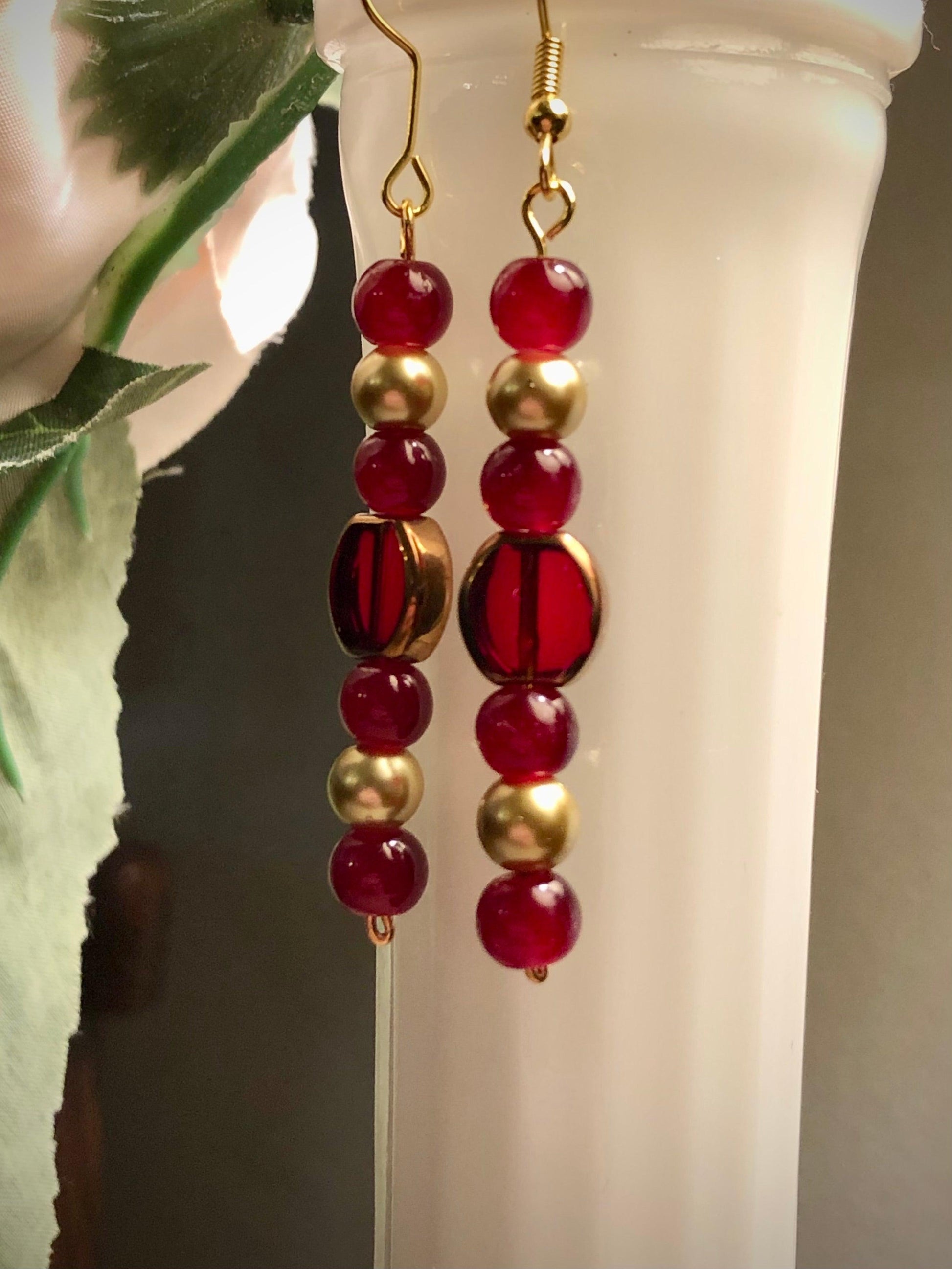 Art Deco Inspired Vivid Red and Yellow Gold Tined Glads Beads 1 7/8” Long Dangle Earrings Women’s Gift 2022 - Monkeysmojo