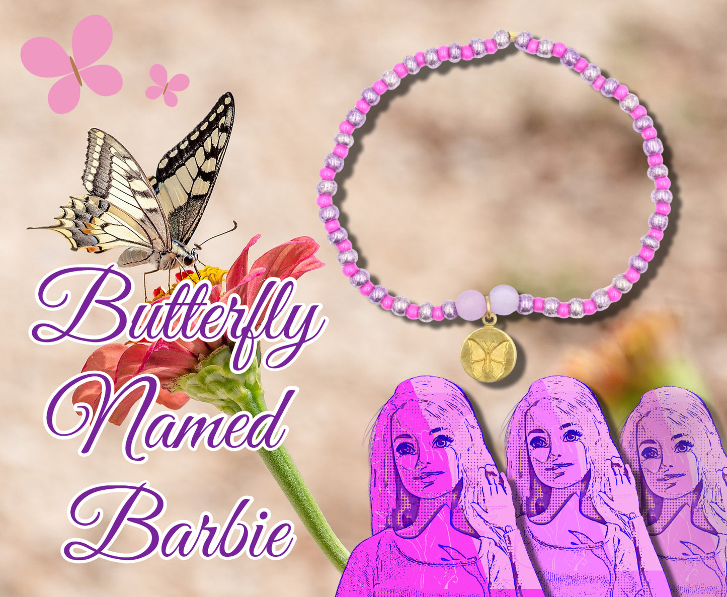 Butterfly Named Barbie Golden Tone Butterfly Charm with Purple and Pink Glass Beads Bracelet by Monkey's Mojo