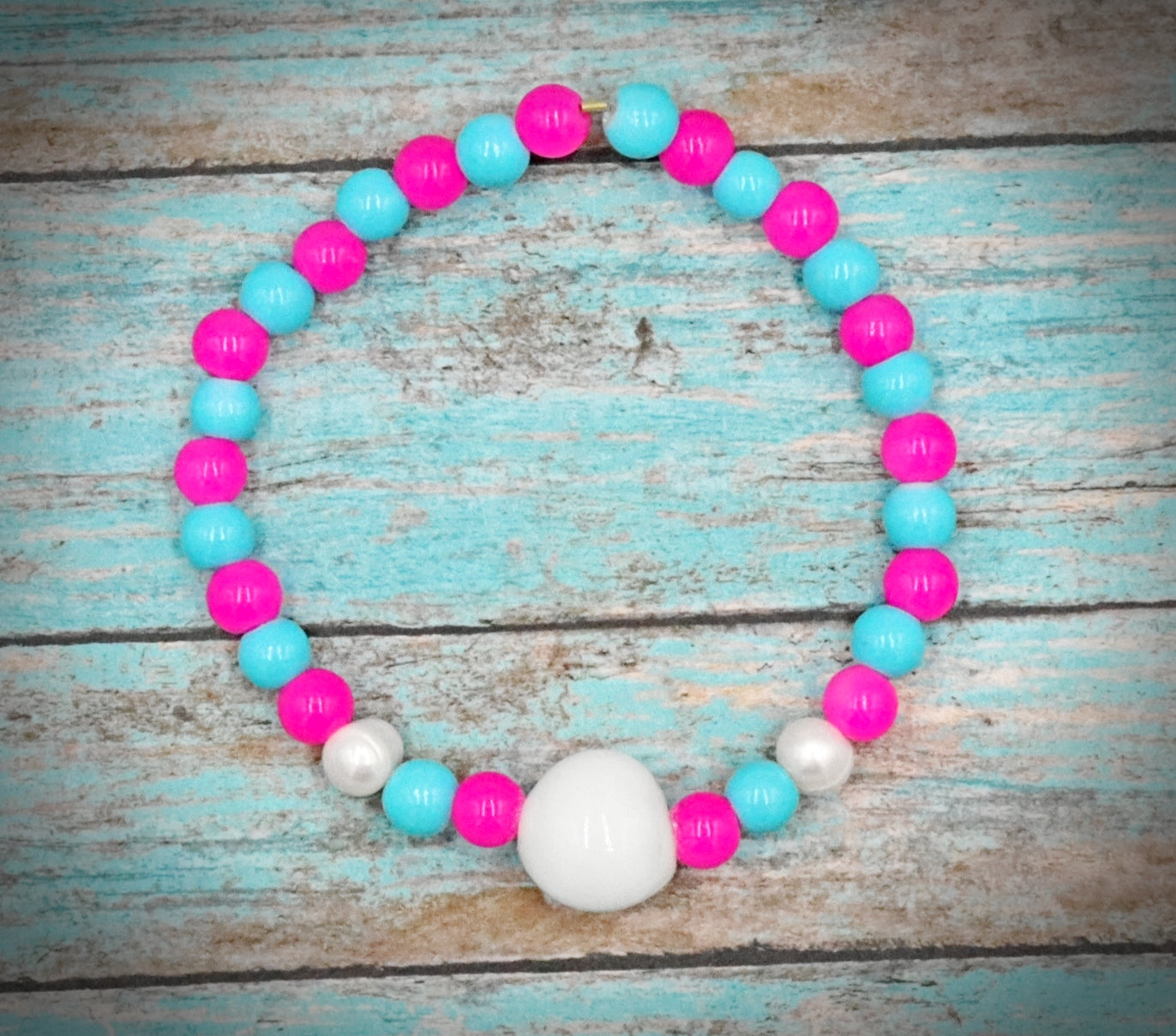 Hot Pink & Turquoise Blue Artisan Glass Beads & Cultured Pearl Bracelet by Monkeys Mojo