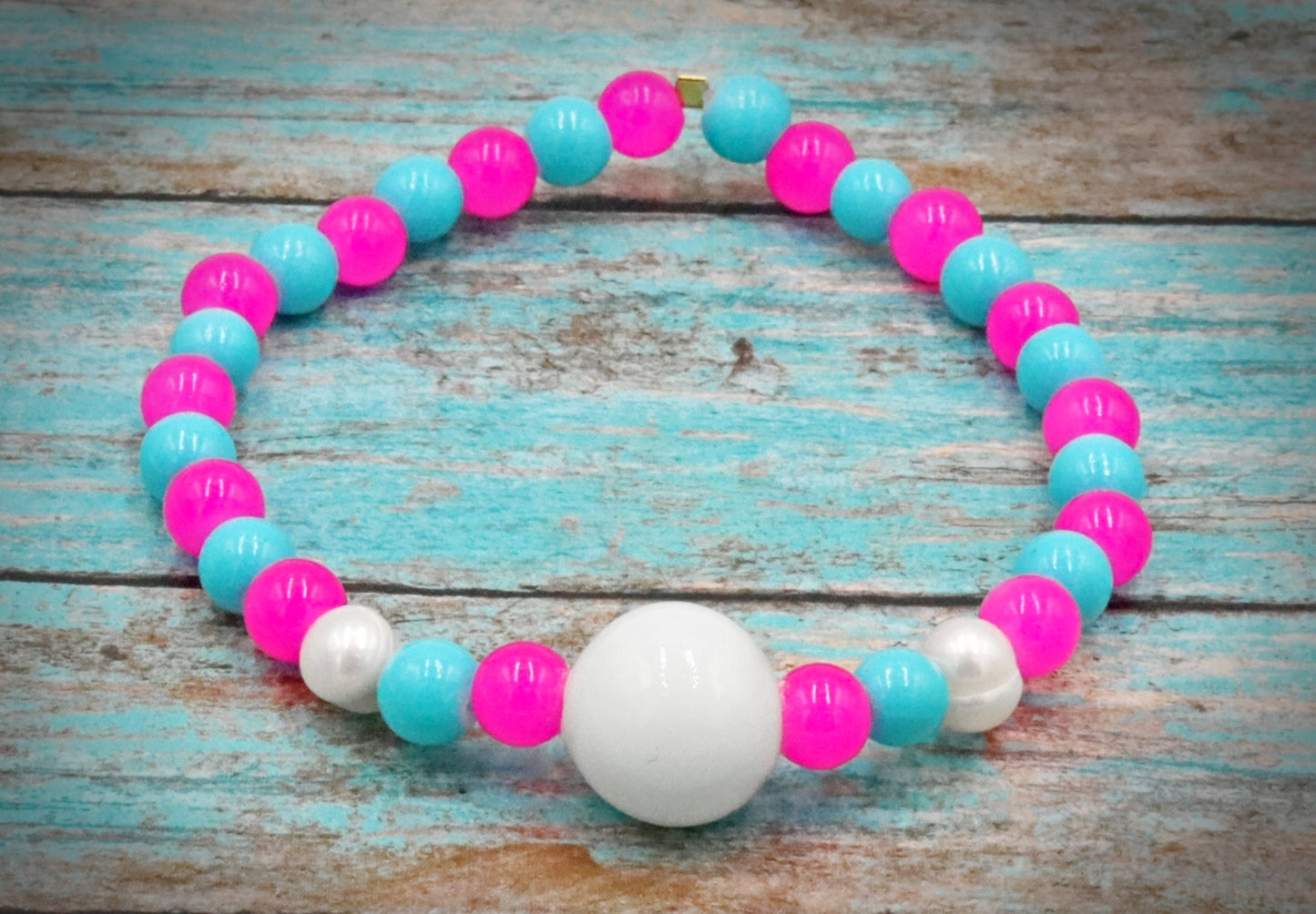 Hot Pink & Turquoise Blue Artisan Glass Beads & Cultured Pearl Bracelet by Monkeys Mojo