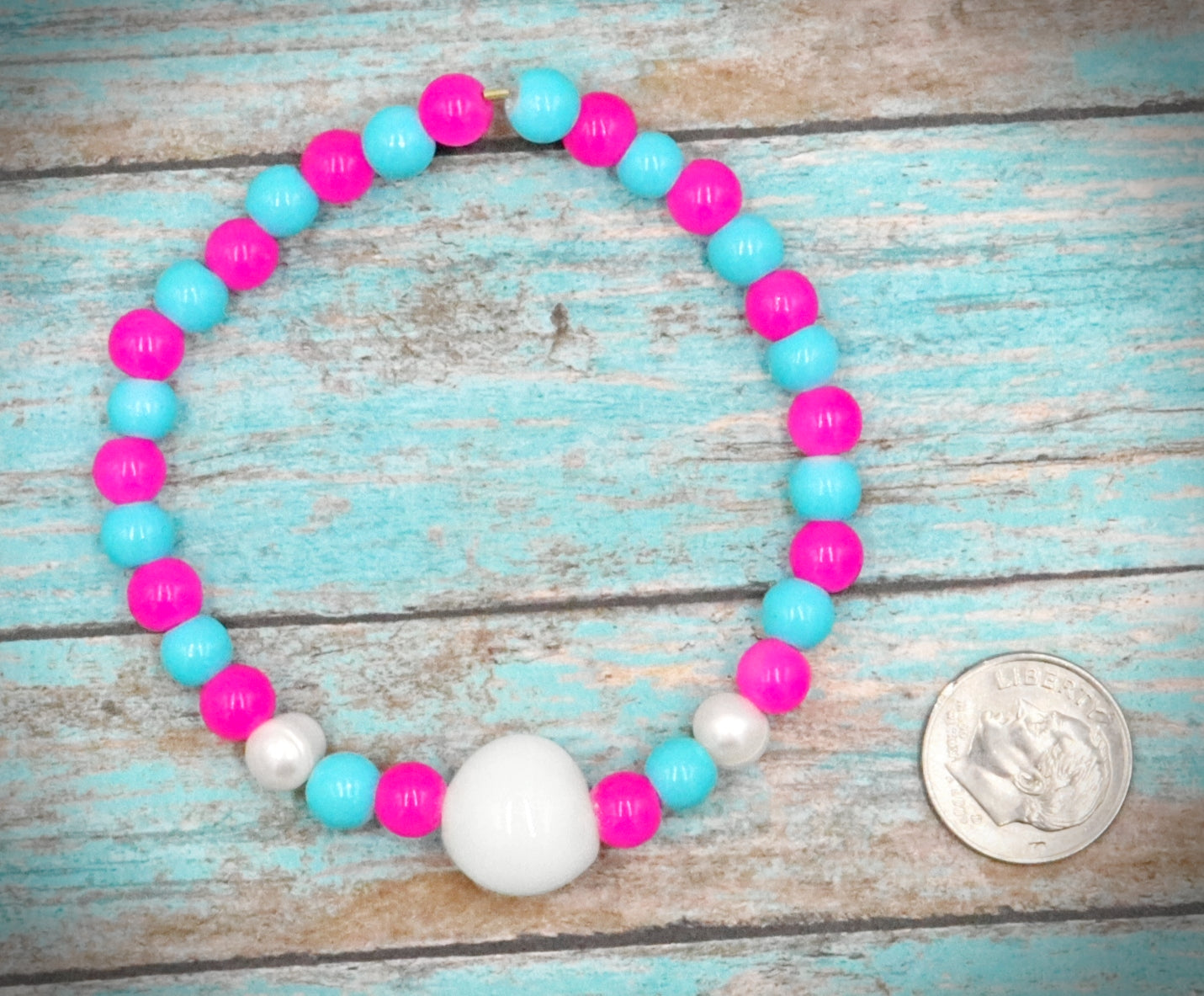 Hot Pink & Turquoise Blue Artisan Glass Beads & Cultured Pearl Bracelet by Monkeys Mojo