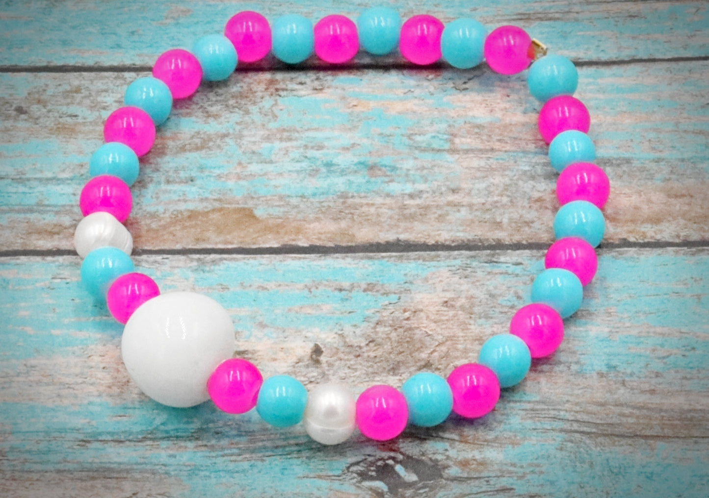 Hot Pink & Turquoise Blue Artisan Glass Beads & Cultured Pearl Bracelet by Monkeys Mojo