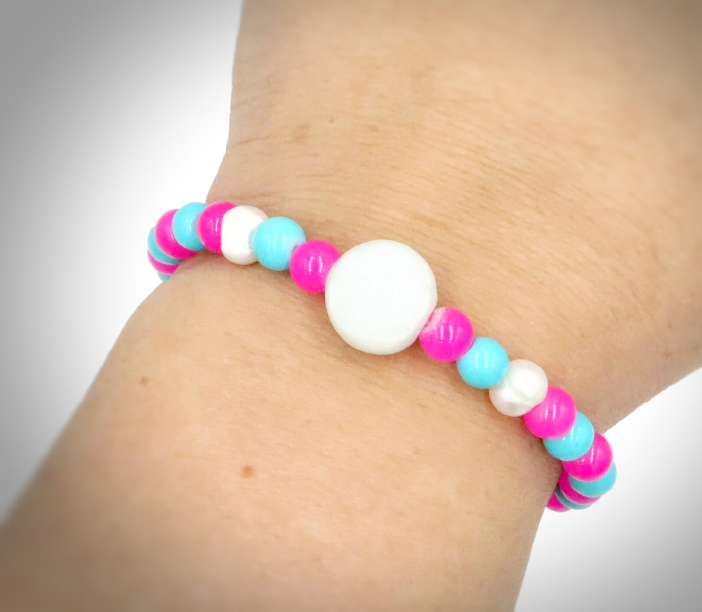 Hot Pink & Turquoise Blue Artisan Glass Beads & Cultured Pearl Bracelet by Monkeys Mojo