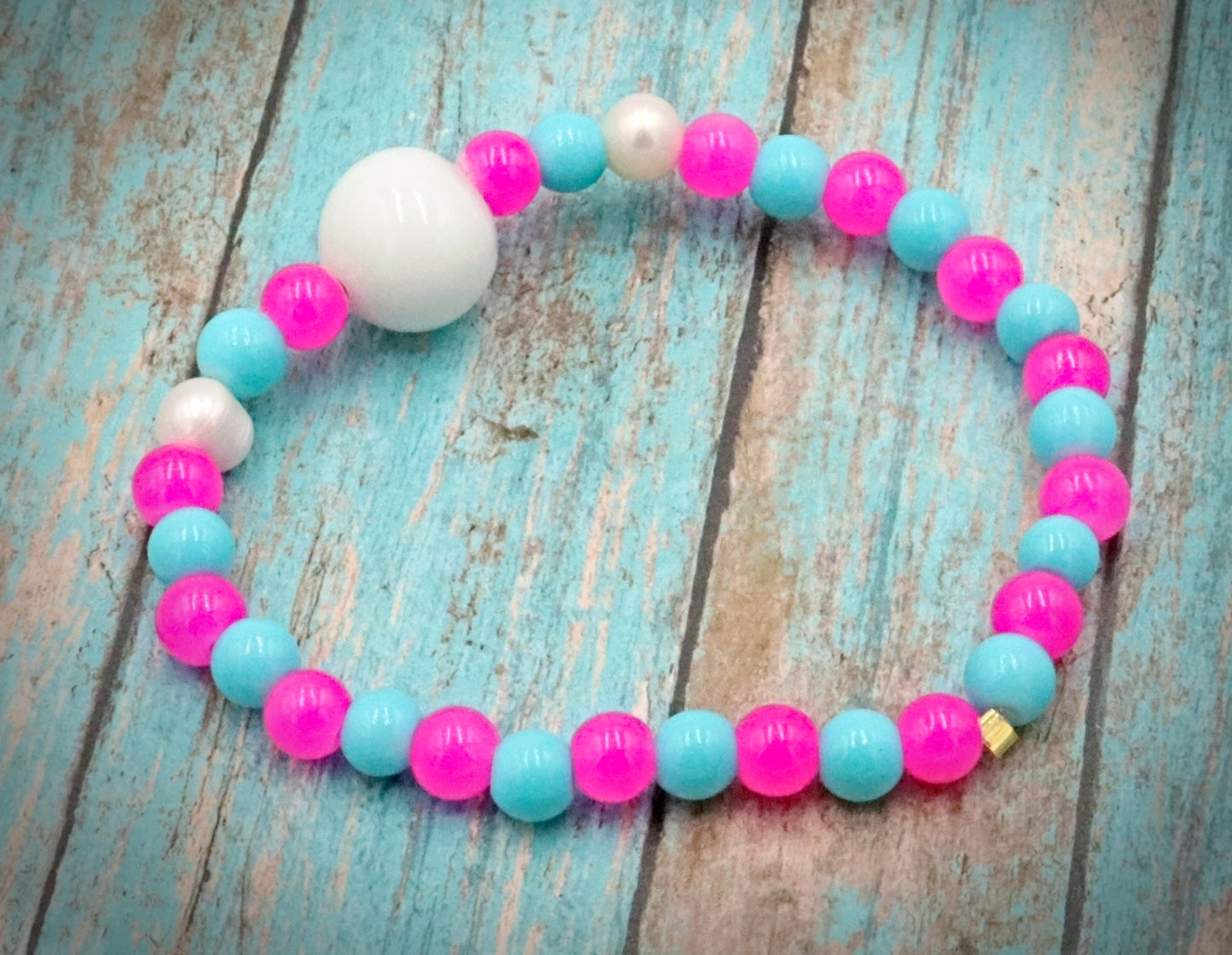 Hot Pink & Turquoise Blue Artisan Glass Beads & Cultured Pearl Bracelet by Monkeys Mojo