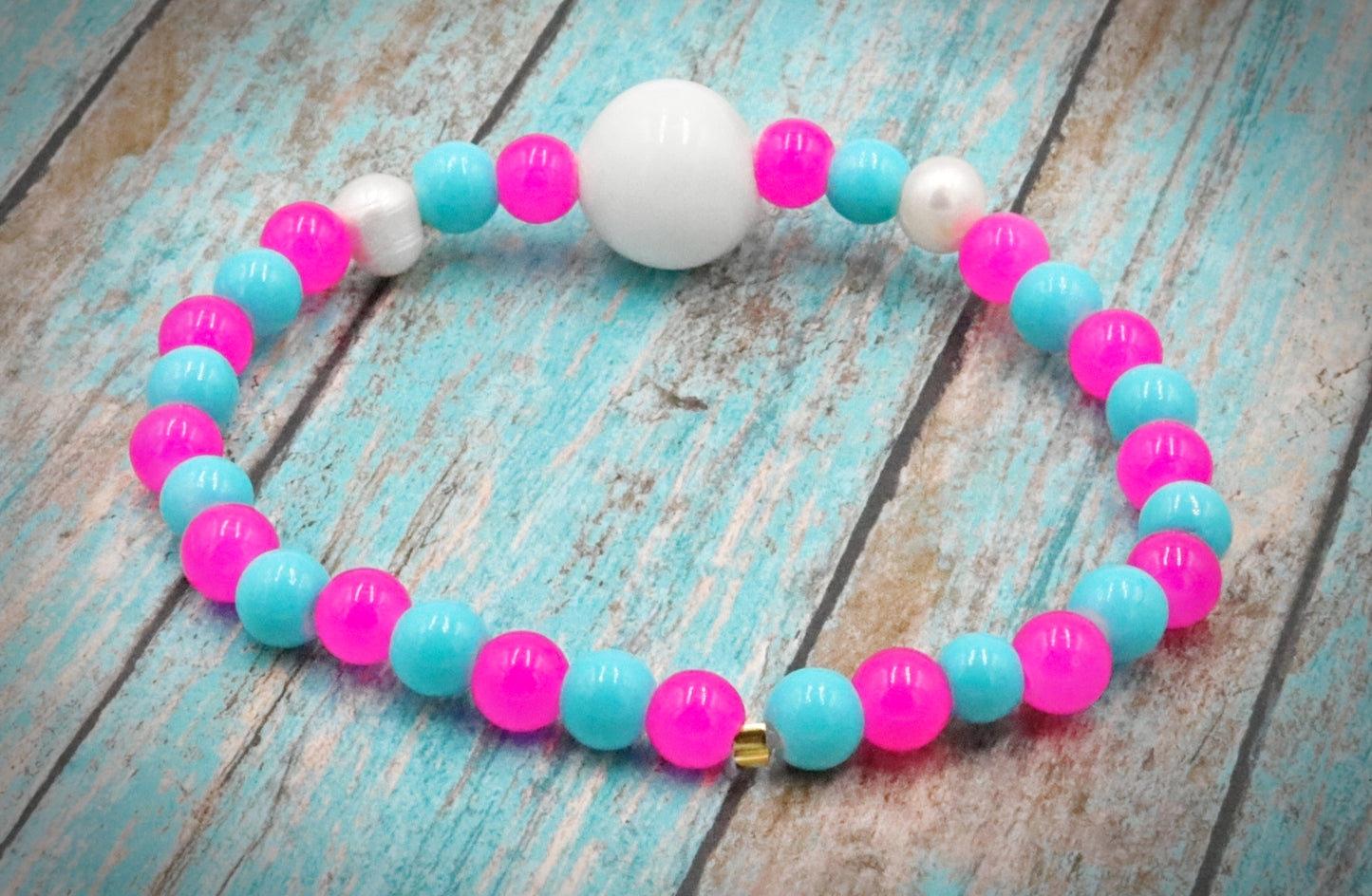 Hot Pink & Turquoise Blue Artisan Glass Beads & Cultured Pearl Bracelet by Monkeys Mojo