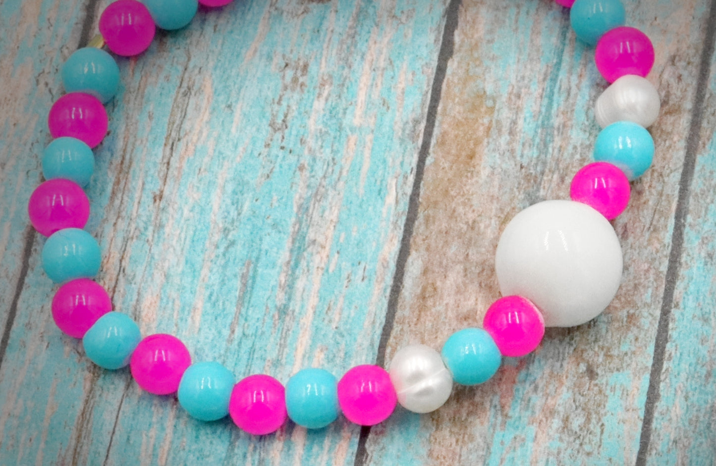 Hot Pink & Turquoise Blue Artisan Glass Beads & Cultured Pearl Bracelet by Monkeys Mojo