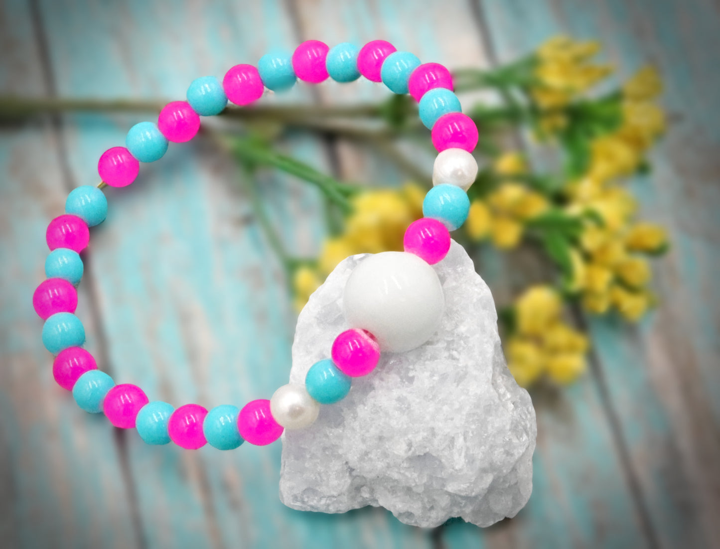 Hot Pink & Turquoise Blue Artisan Glass Beads & Cultured Pearl Bracelet by Monkeys Mojo