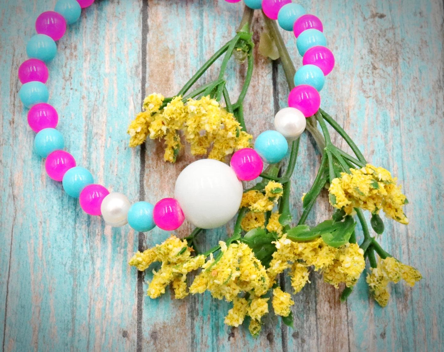 Hot Pink & Turquoise Blue Artisan Glass Beads & Cultured Pearl Bracelet by Monkeys Mojo