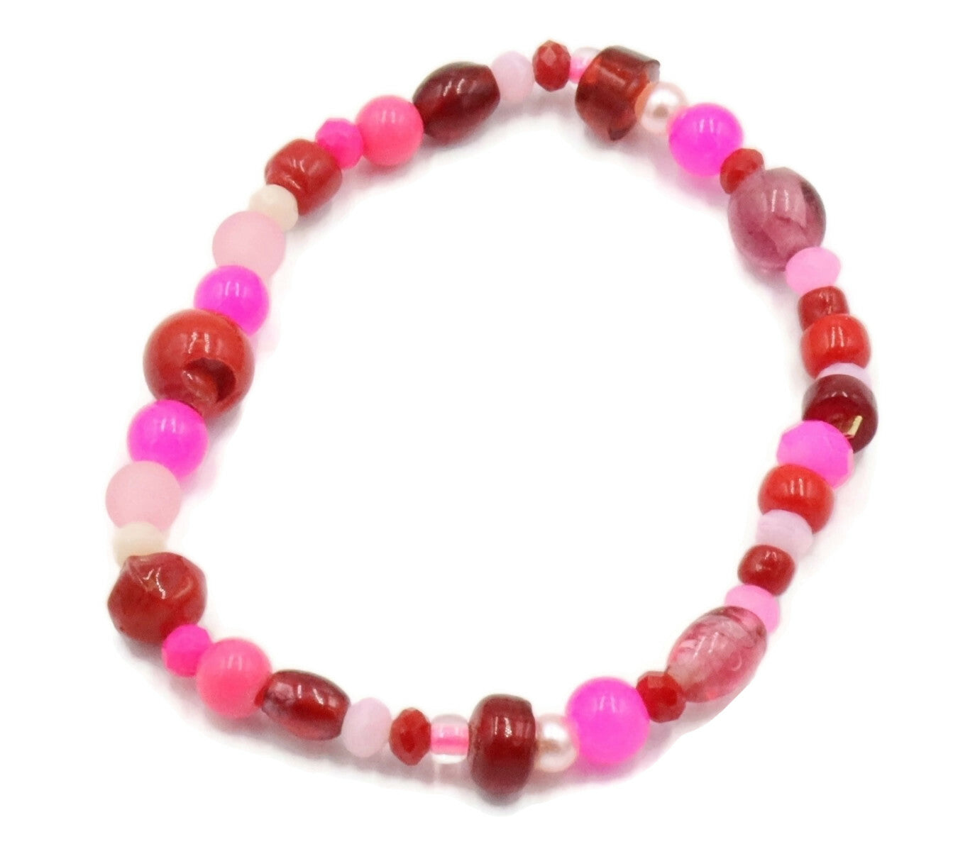 A Bite Out of Our Cherry Hot Pink and Various Red Glass Beaded Bracelet by Monkeys Mojo