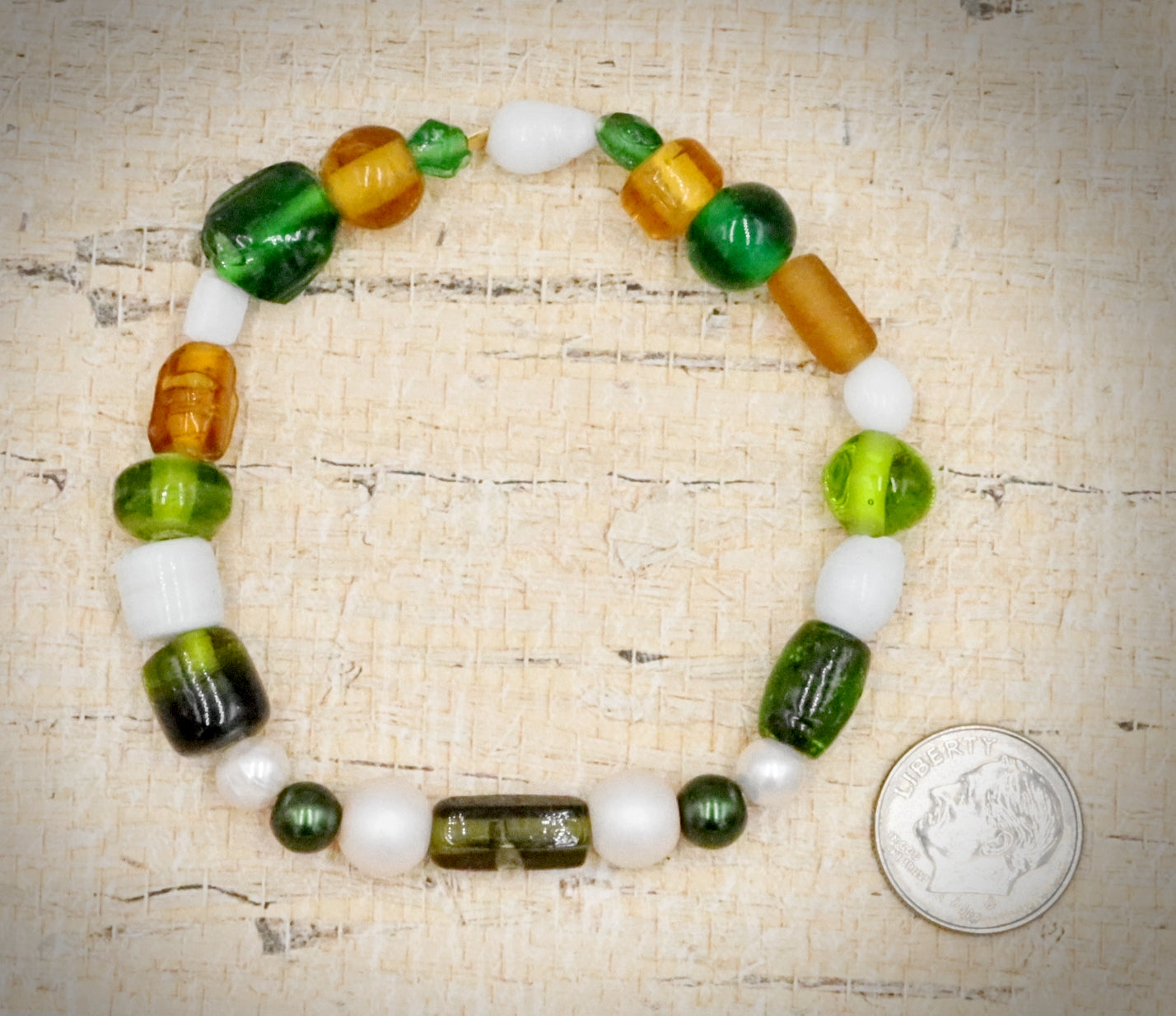 Green and White Bold and Large Sorted Artisan Glass Beads of Bracelet by Monkeys Mojo