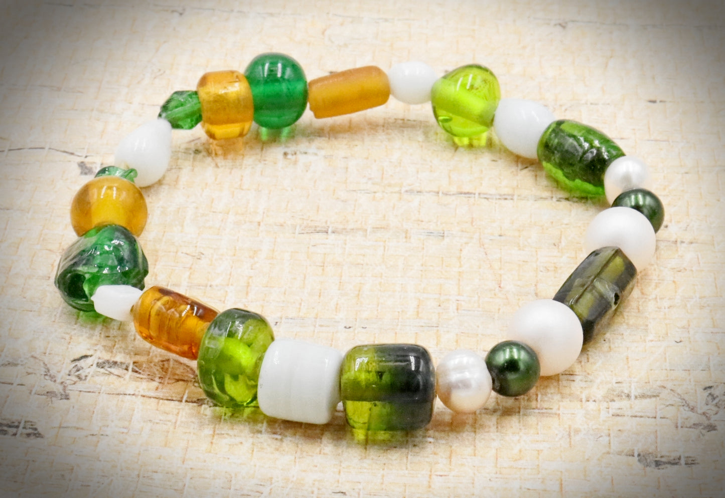 Green and White Bold and Large Sorted Artisan Glass Beads of Bracelet by Monkeys Mojo