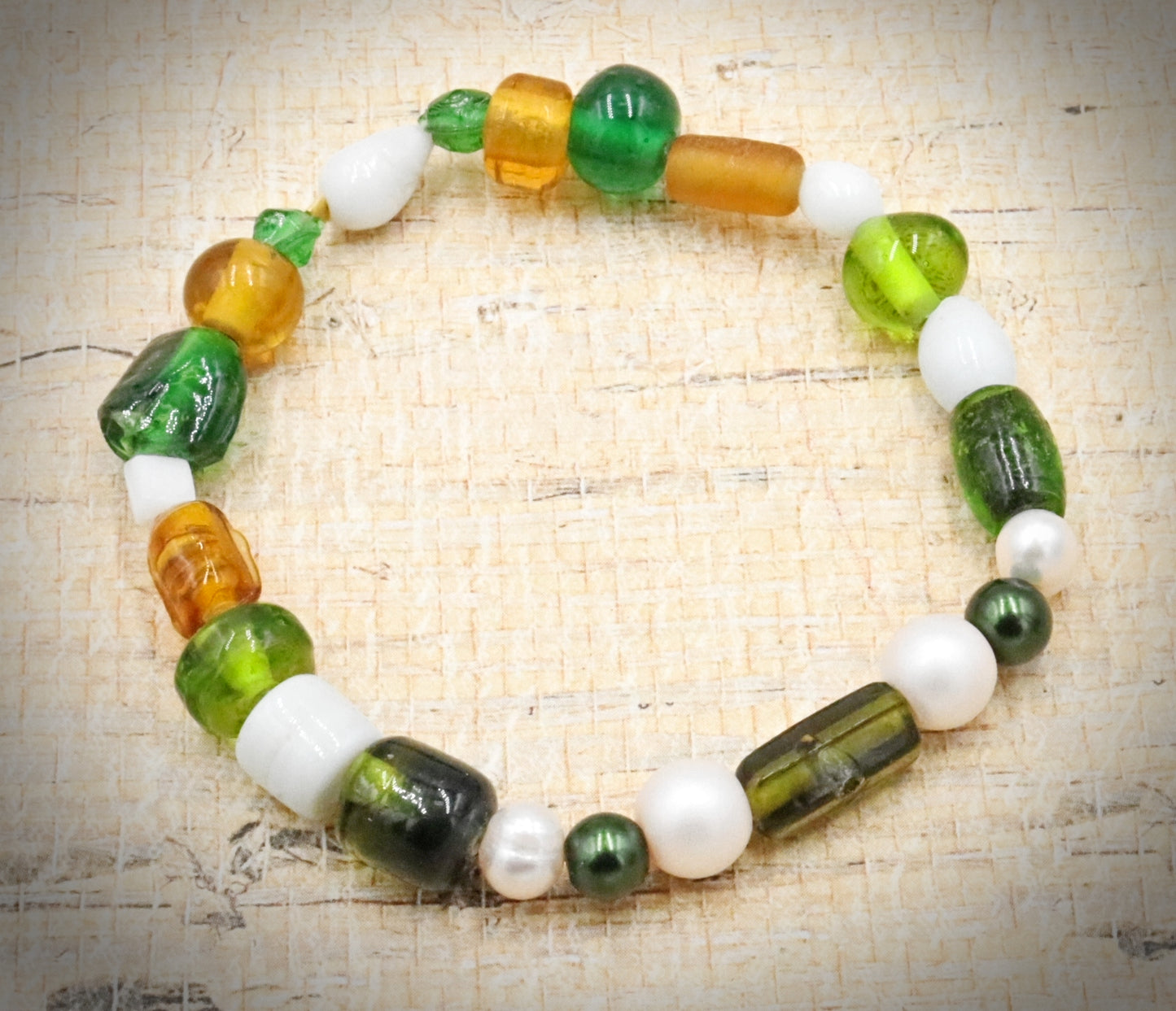 Green and White Bold and Large Sorted Artisan Glass Beads of Bracelet by Monkeys Mojo