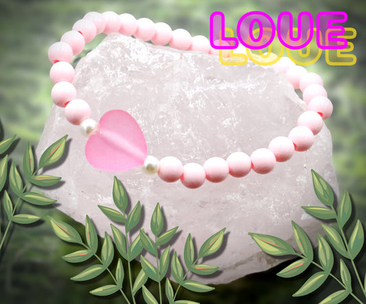 Life in Plastic - Love is Fantastic - Pink Heart & Pearl Women's Stretch Bracelet by Monkey's Mojo