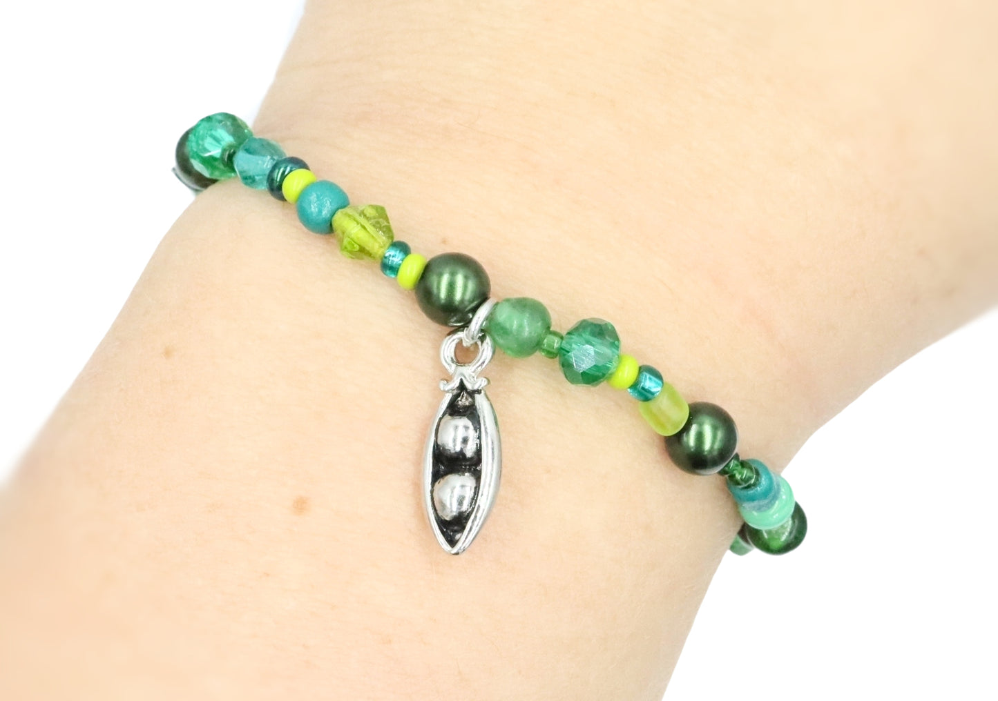 Growing Green Silver Tone Two Peas in a Pod Green Glass Bracelet by Monkey's Mojo