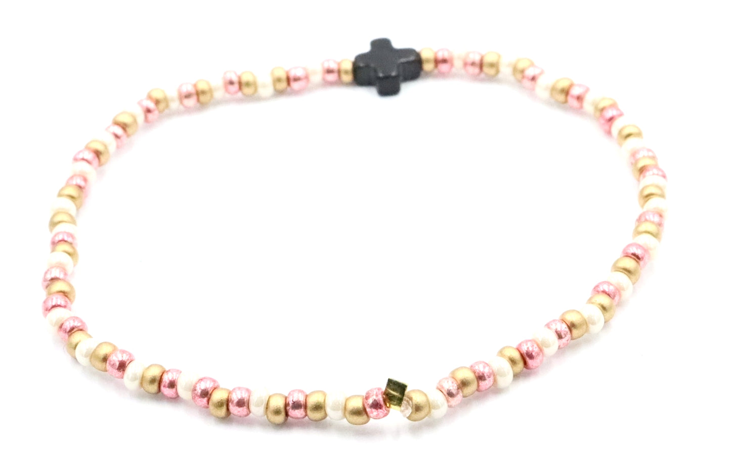Neapolitan Cross Pearlescent White, Pink, and Matte Gold Glass Beads Bracelet by Monkey's Mojo