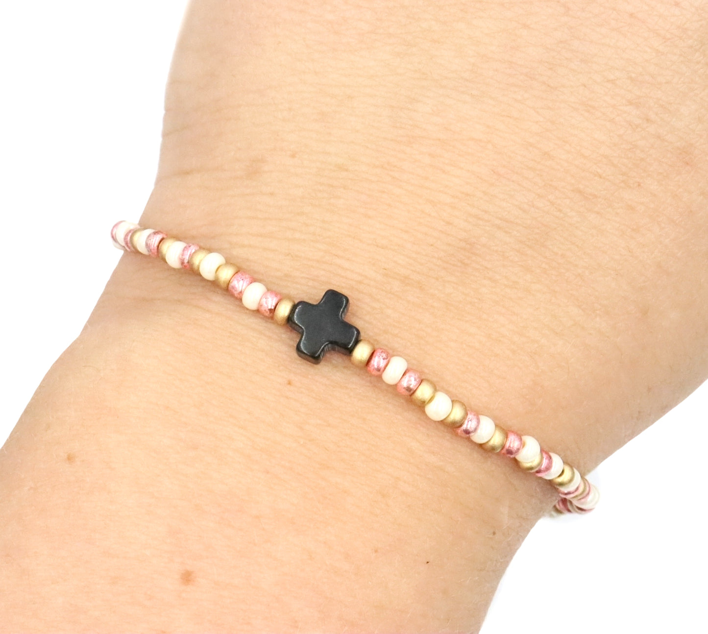 Neapolitan Cross Pearlescent White, Pink, and Matte Gold Glass Beads Bracelet by Monkey's Mojo