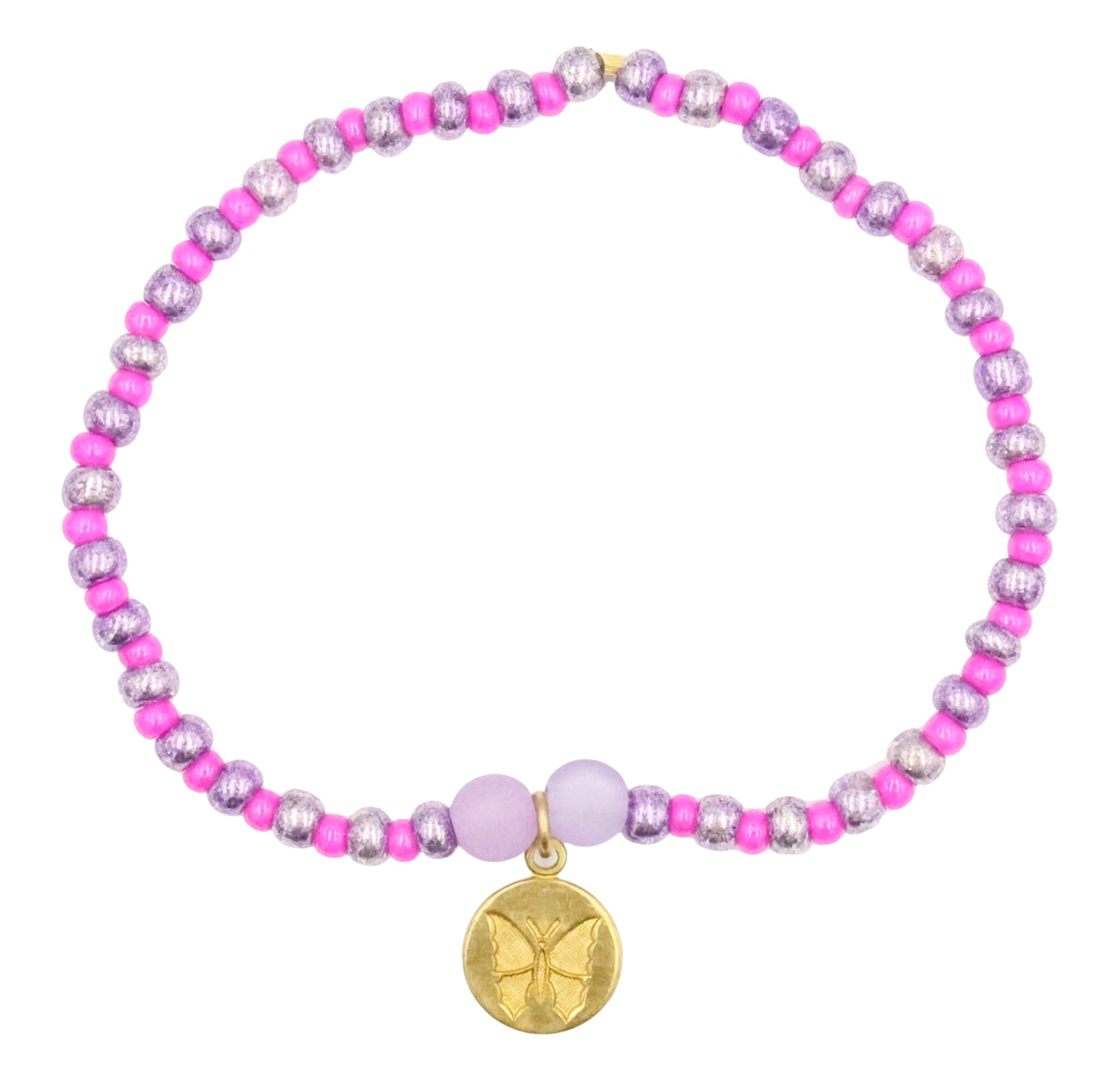 Butterfly Named Barbie Golden Tone Butterfly Charm with Purple and Pink Glass Beads Bracelet by Monkey's Mojo