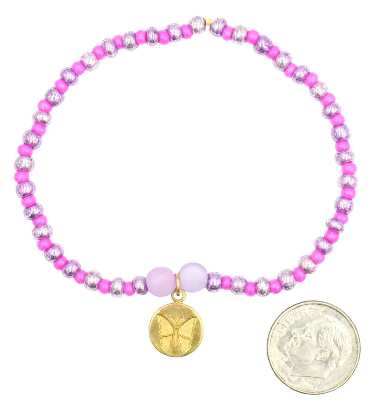 Butterfly Named Barbie Golden Tone Butterfly Charm with Purple and Pink Glass Beads Bracelet by Monkey's Mojo