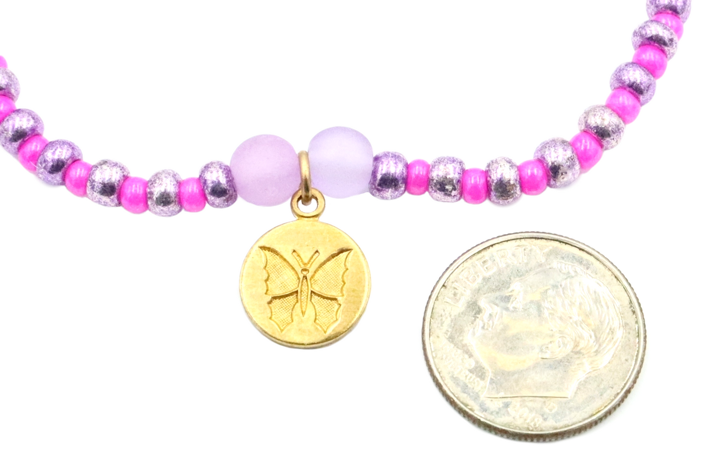 Butterfly Named Barbie Golden Tone Butterfly Charm with Purple and Pink Glass Beads Bracelet by Monkey's Mojo