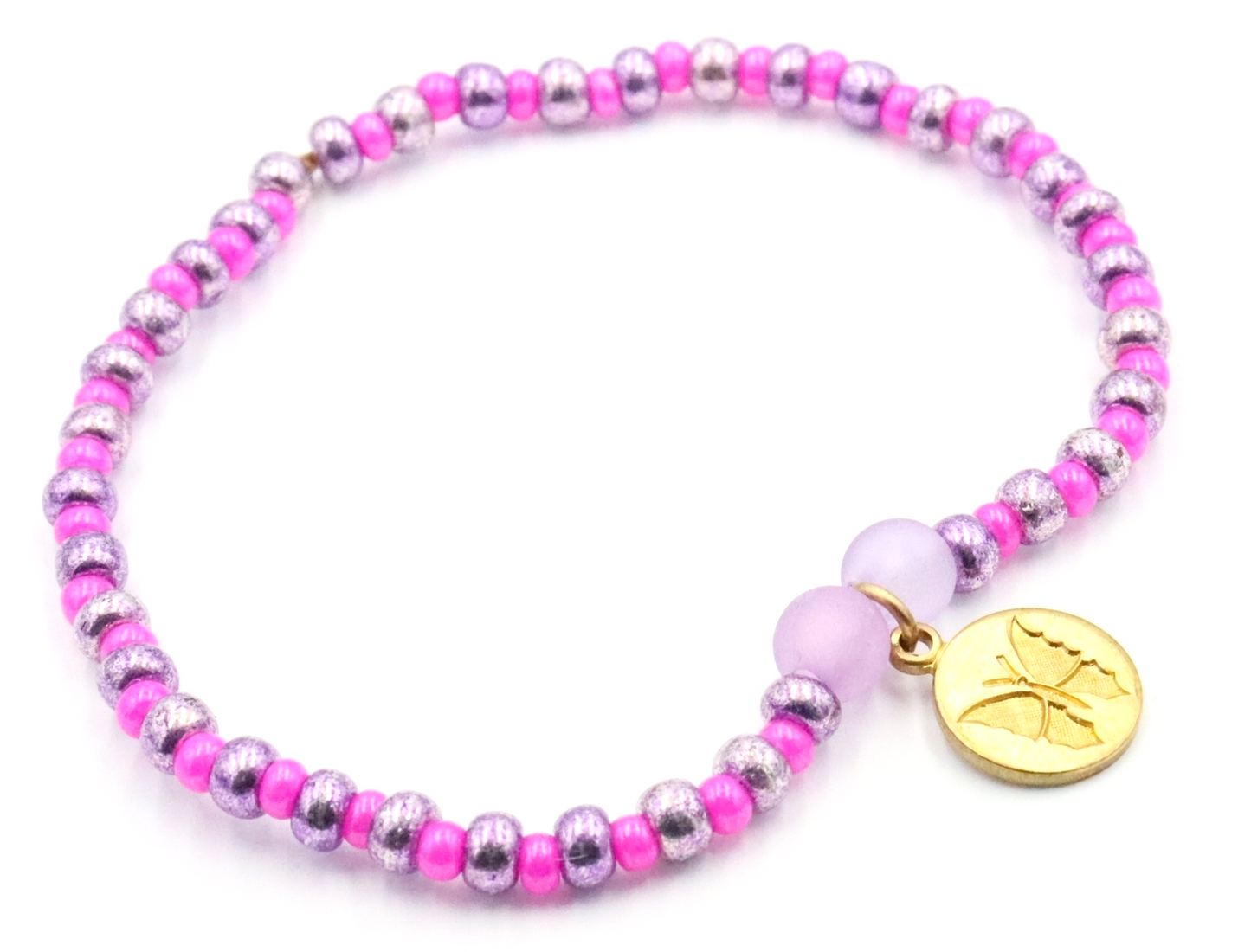 Butterfly Named Barbie Golden Tone Butterfly Charm with Purple and Pink Glass Beads Bracelet by Monkey's Mojo