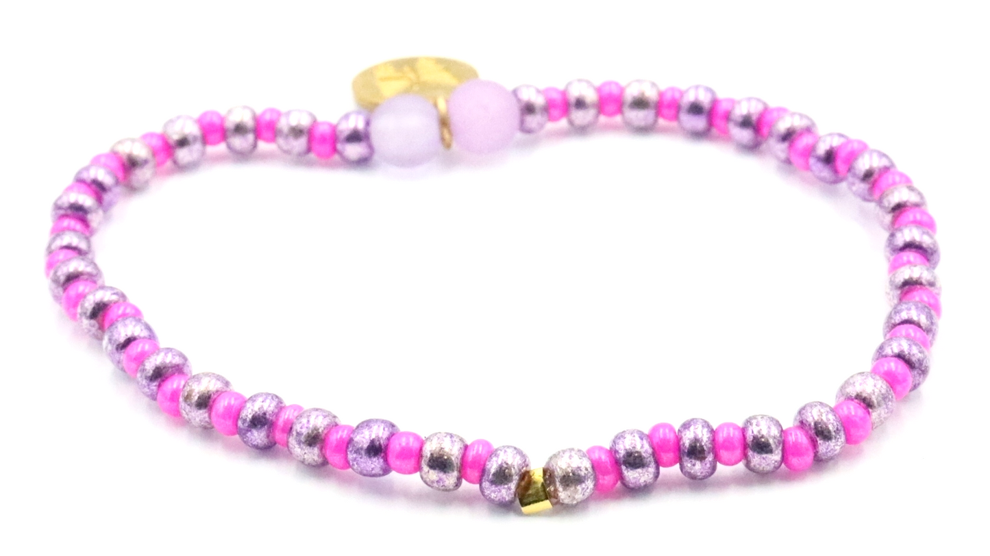 Butterfly Named Barbie Golden Tone Butterfly Charm with Purple and Pink Glass Beads Bracelet by Monkey's Mojo