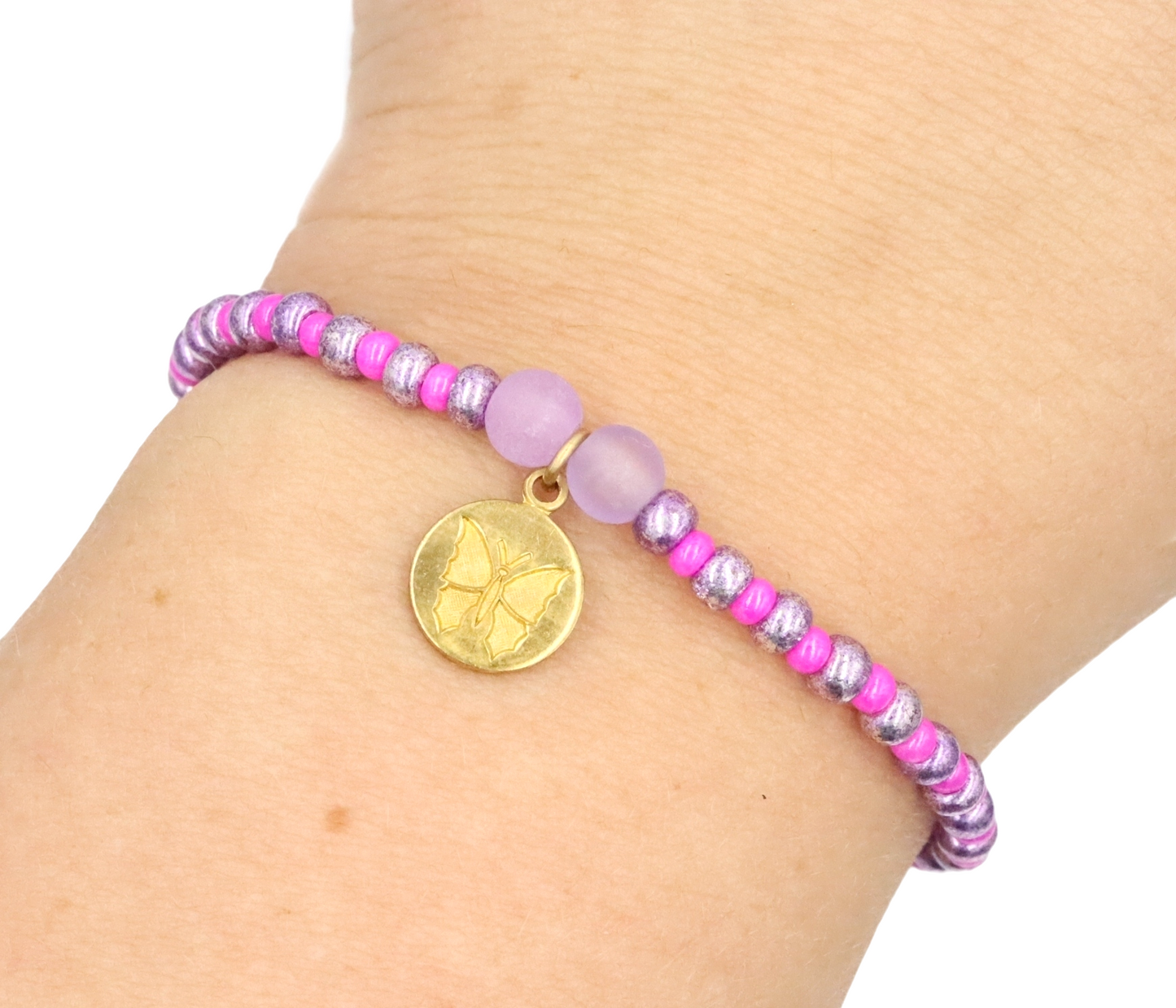 Butterfly Named Barbie Golden Tone Butterfly Charm with Purple and Pink Glass Beads Bracelet by Monkey's Mojo