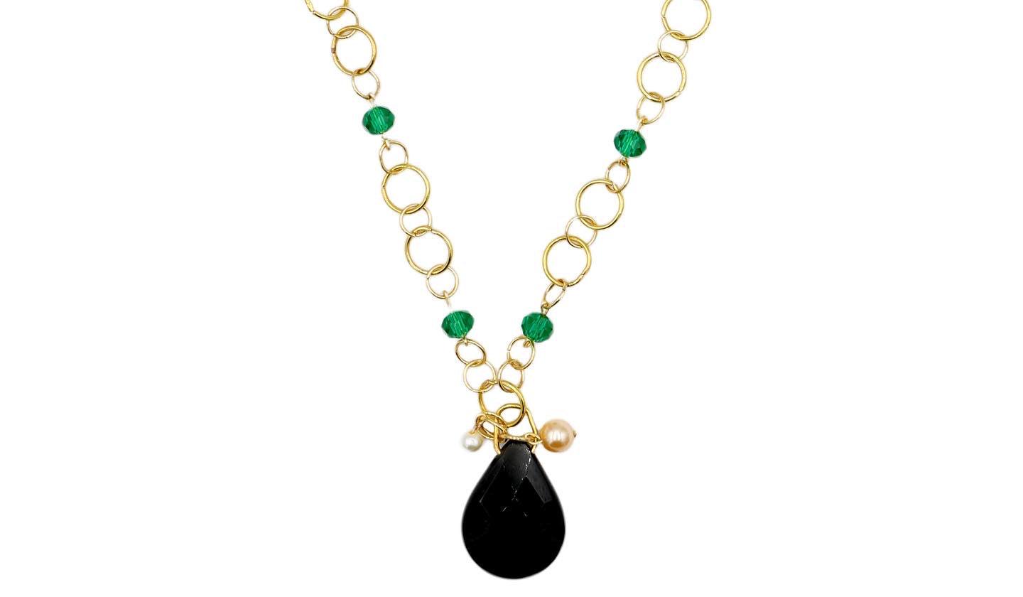 Stunning Women’s Faceted Emerald Green Glass Beads with Onyx Black Glass Tear Drop Pendant 18k Gold Plated Necklace - Monkeysmojo