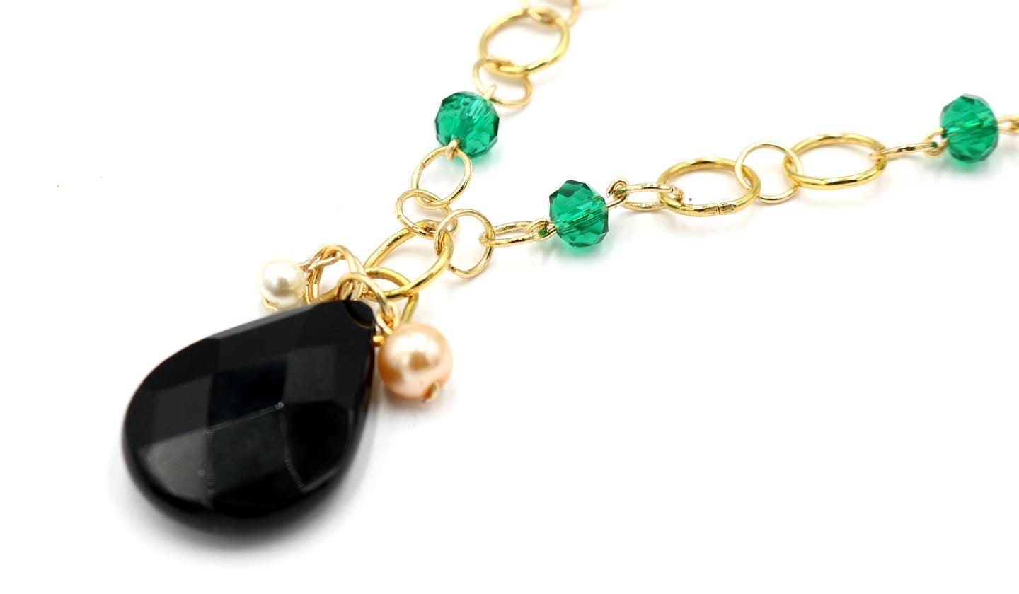 Stunning Women’s Faceted Emerald Green Glass Beads with Onyx Black Glass Tear Drop Pendant 18k Gold Plated Necklace - Monkeysmojo