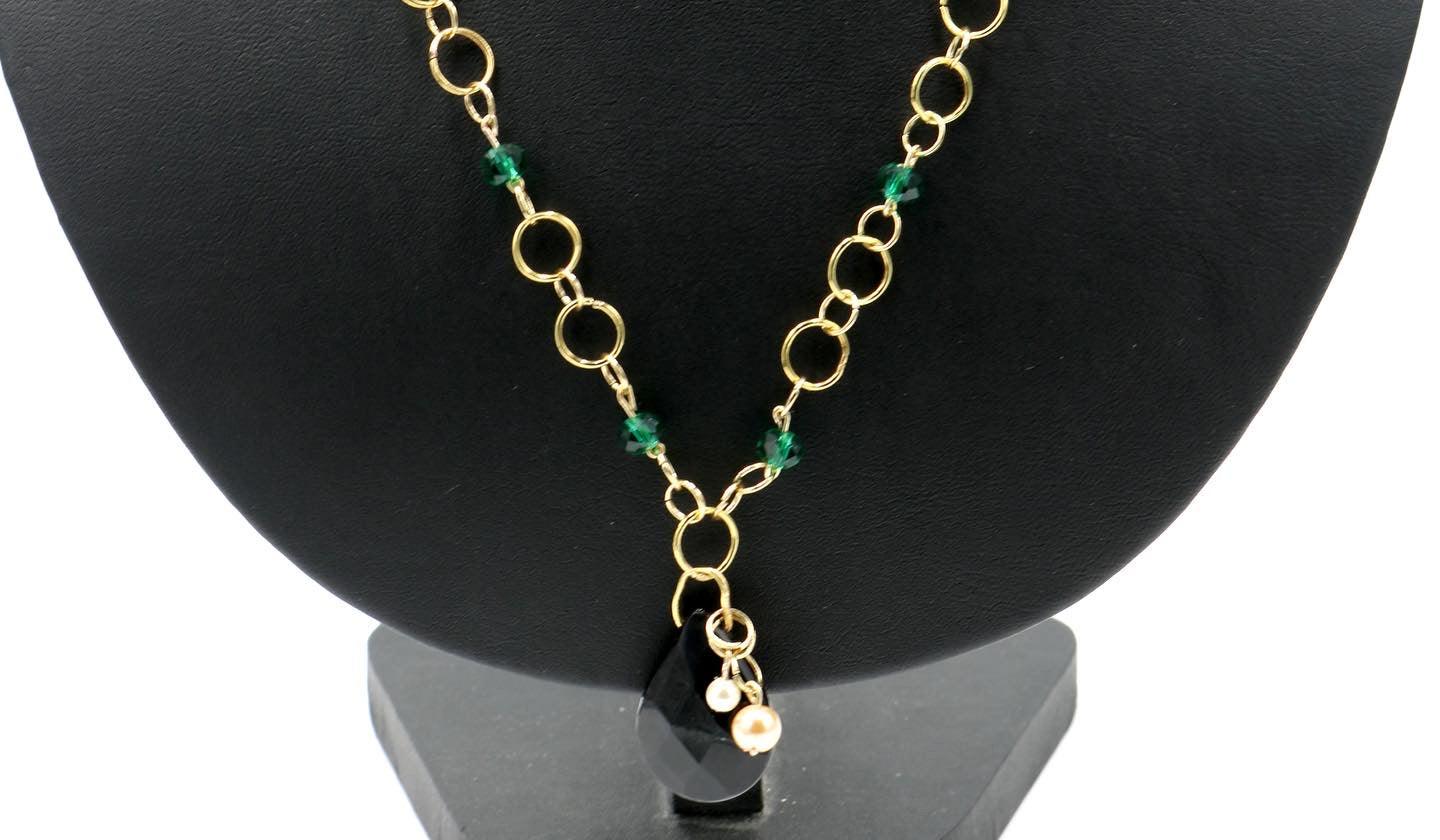 Stunning Women’s Faceted Emerald Green Glass Beads with Onyx Black Glass Tear Drop Pendant 18k Gold Plated Necklace - Monkeysmojo