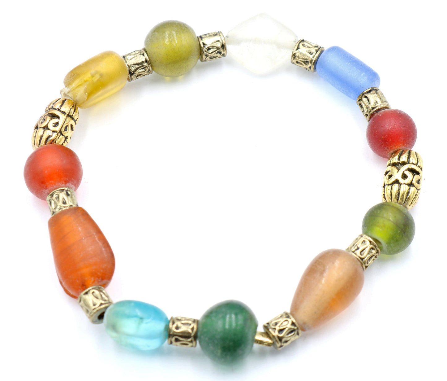 Frosted Glass Primary Color and Brass Accented Women's Stretch Bracelet - Monkeysmojo