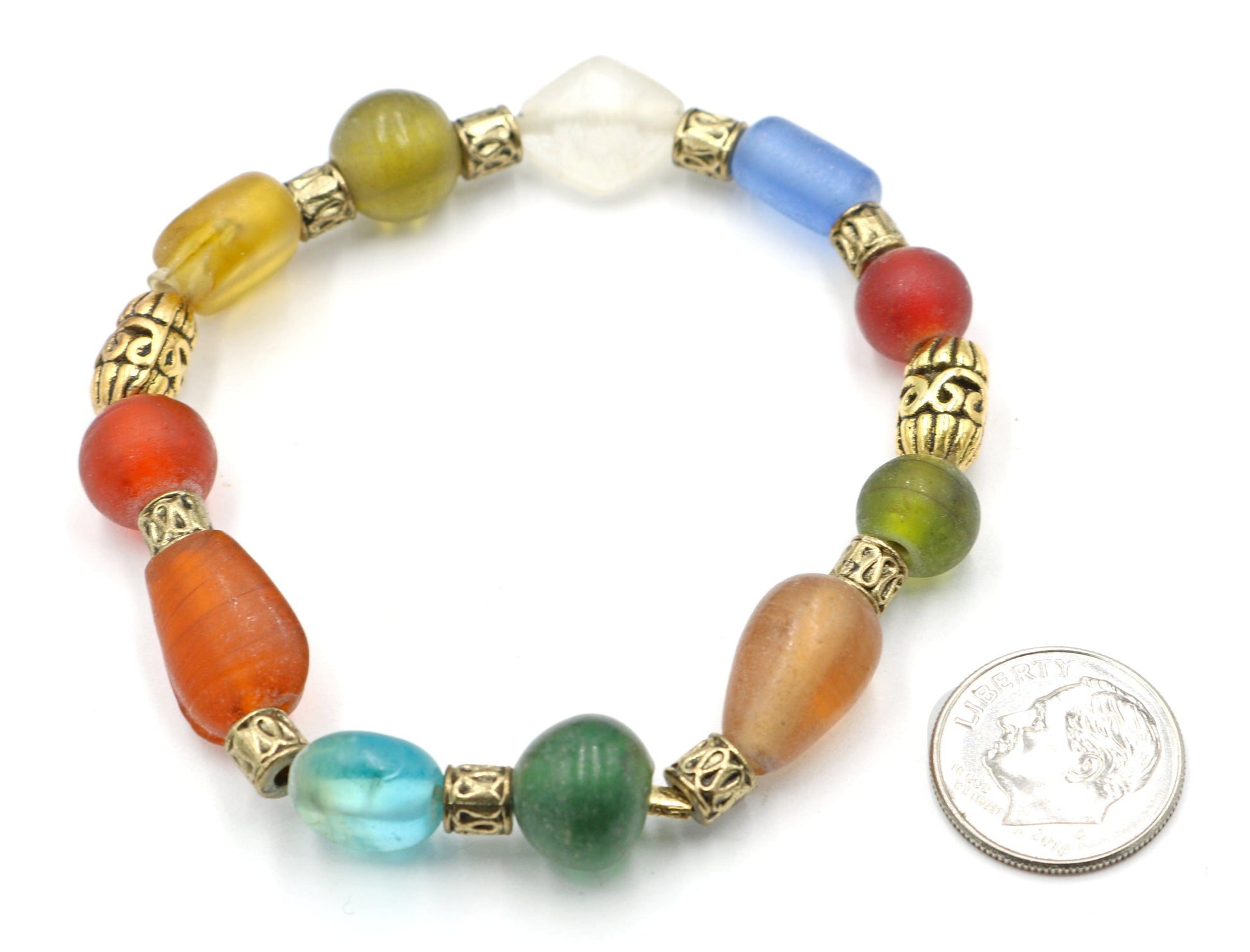 Frosted Glass Primary Color and Brass Accented Women's Stretch Bracelet - Monkeysmojo