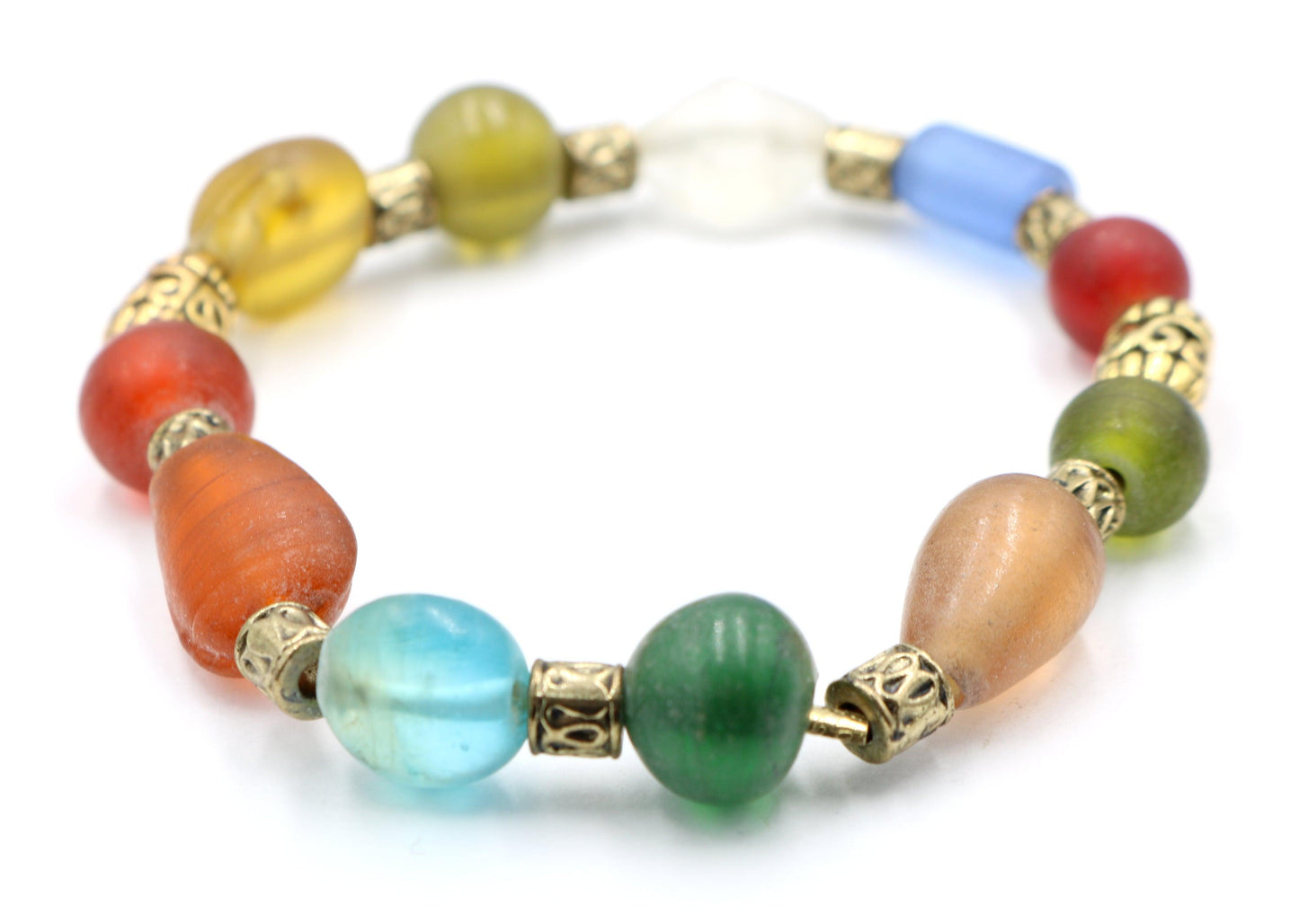 Frosted Glass Primary Color and Brass Accented Women's Stretch Bracelet - Monkeysmojo