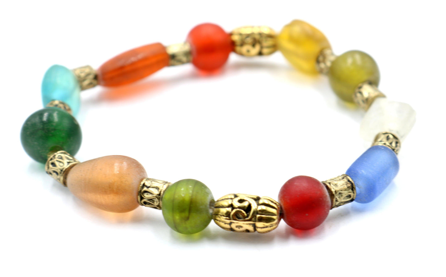 Frosted Glass Primary Color and Brass Accented Women's Stretch Bracelet - Monkeysmojo