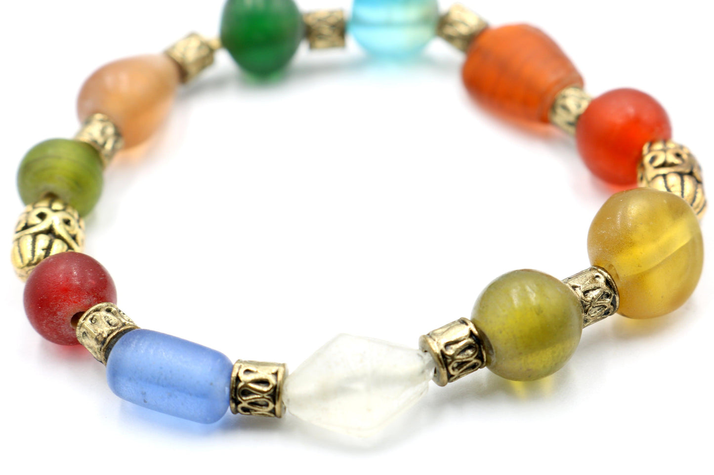 Frosted Glass Primary Color and Brass Accented Women's Stretch Bracelet - Monkeysmojo