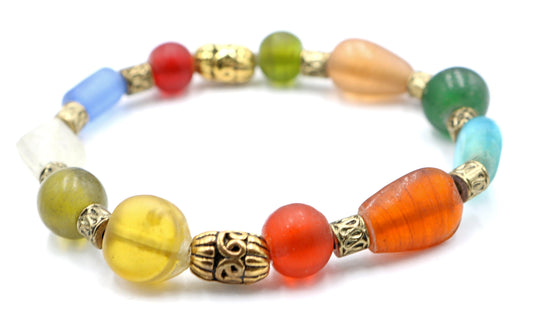 Frosted Glass Primary Color and Brass Accented Women's Stretch Bracelet - Monkeysmojo