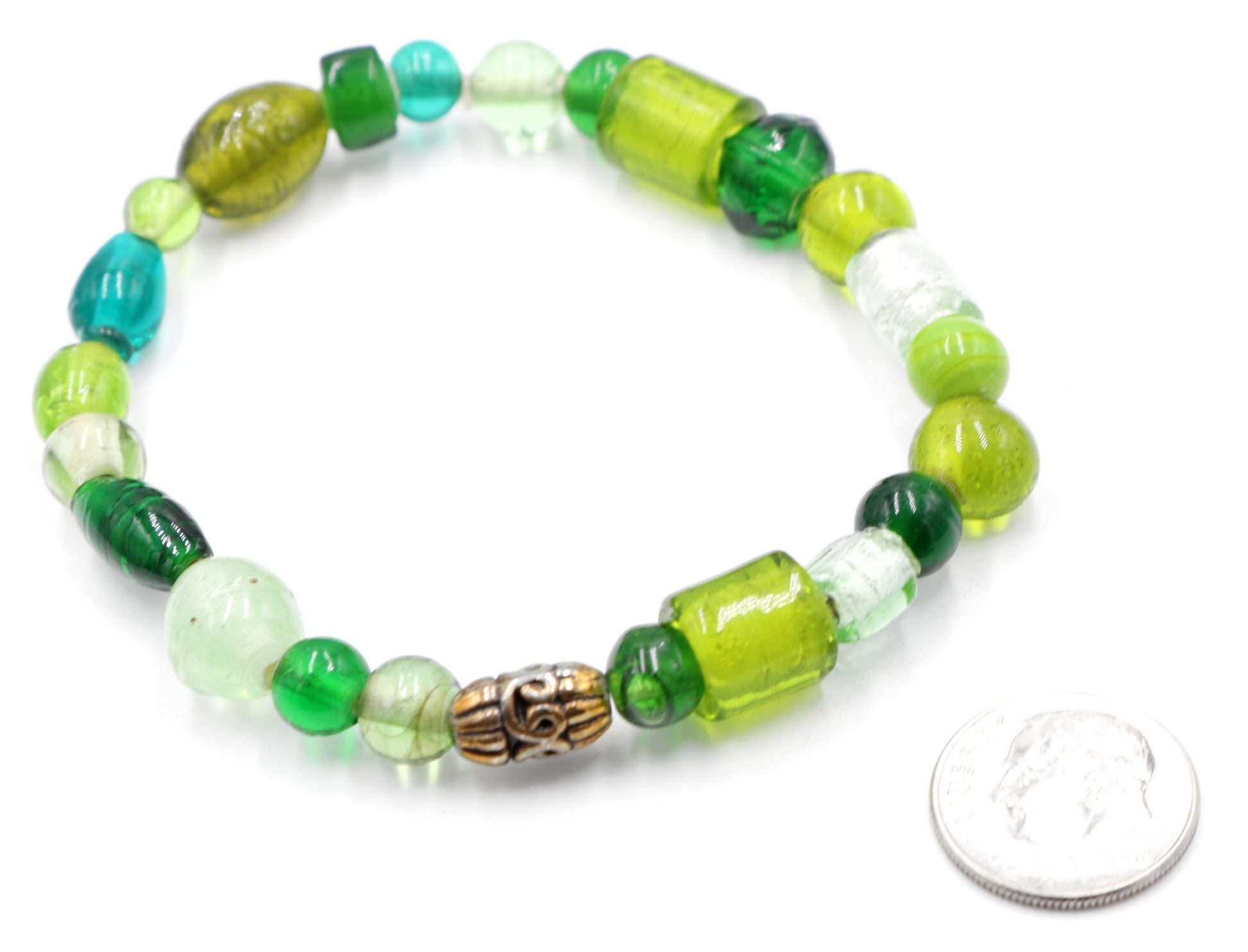 An Artisan Assorted Green Glass Gorgeous Beaded Bronze Bracelet - Monkeysmojo