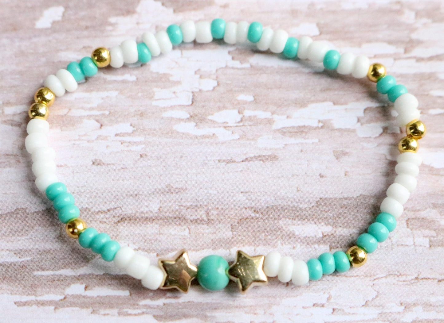 Tween Dream Turquoise Blue, White, and Yellow Gold Star Girl's Stretch Bracelet - Monkeysmojo