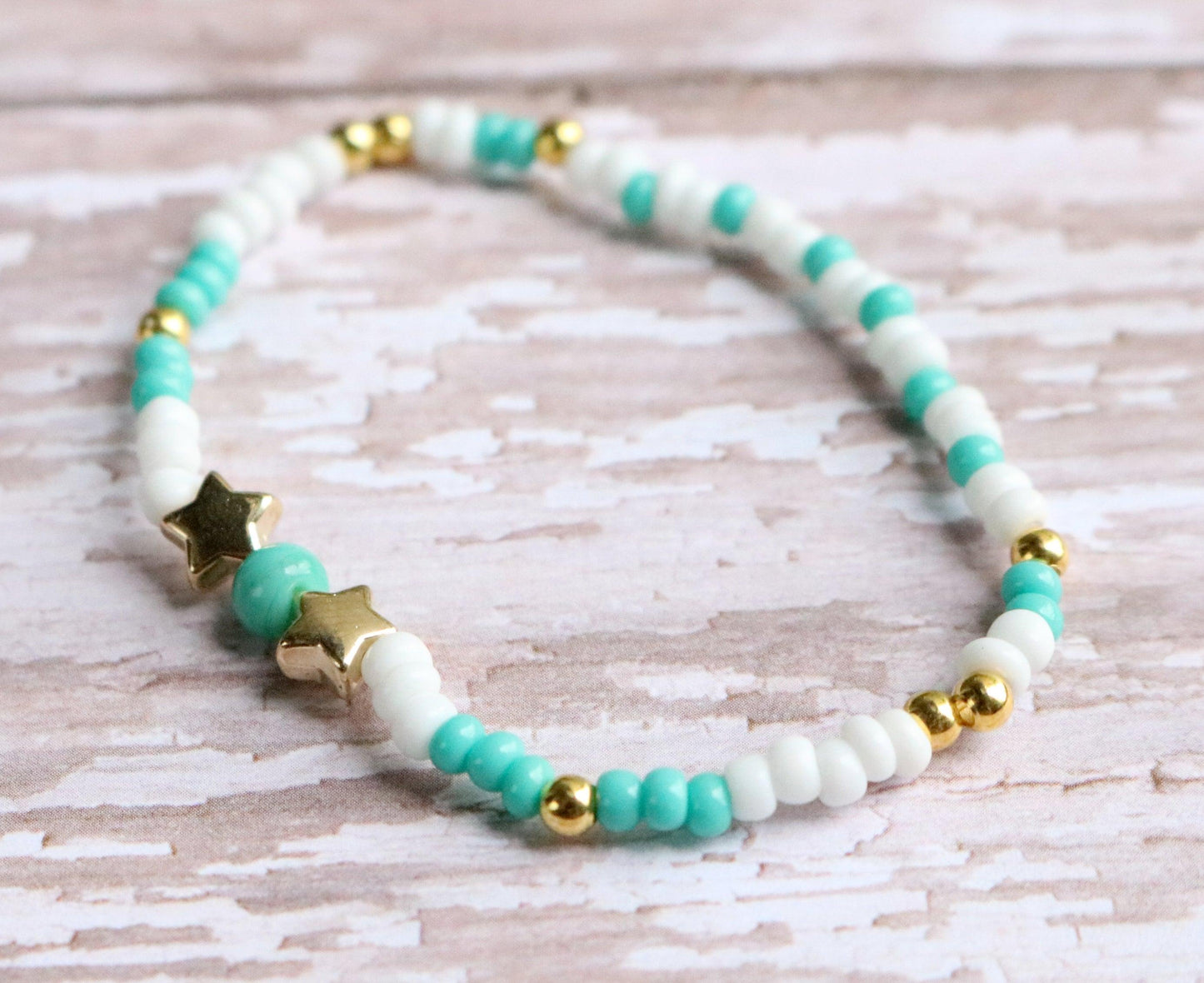 Tween Dream Turquoise Blue, White, and Yellow Gold Star Girl's Stretch Bracelet - Monkeysmojo