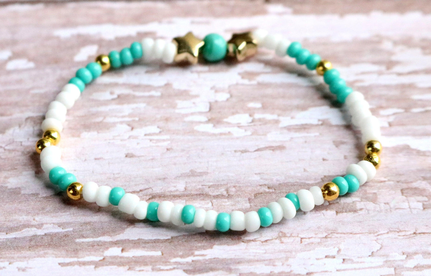 Tween Dream Turquoise Blue, White, and Yellow Gold Star Girl's Stretch Bracelet - Monkeysmojo