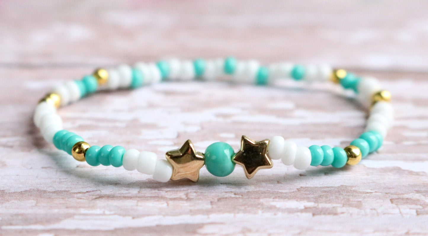 Tween Dream Turquoise Blue, White, and Yellow Gold Star Girl's Stretch Bracelet - Monkeysmojo