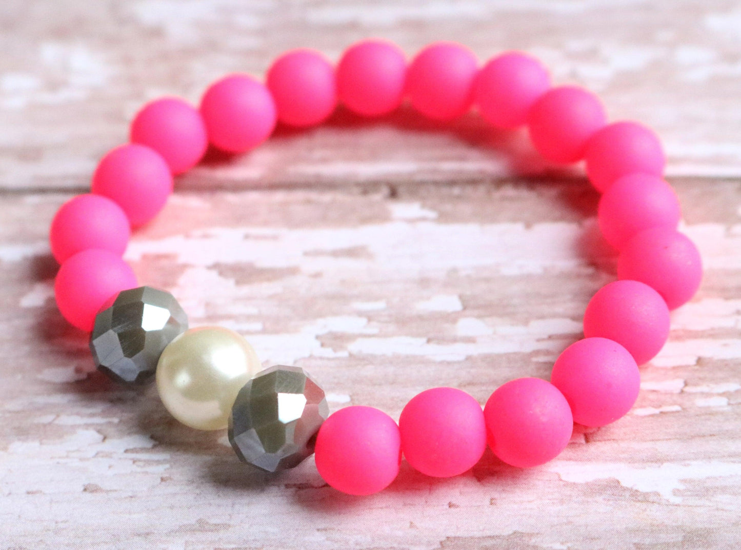 Hot Pink - Faceted Grey - White Glass Pearl - Dance Party Girl's Child Fun Stretch Bracelet - Monkeysmojo