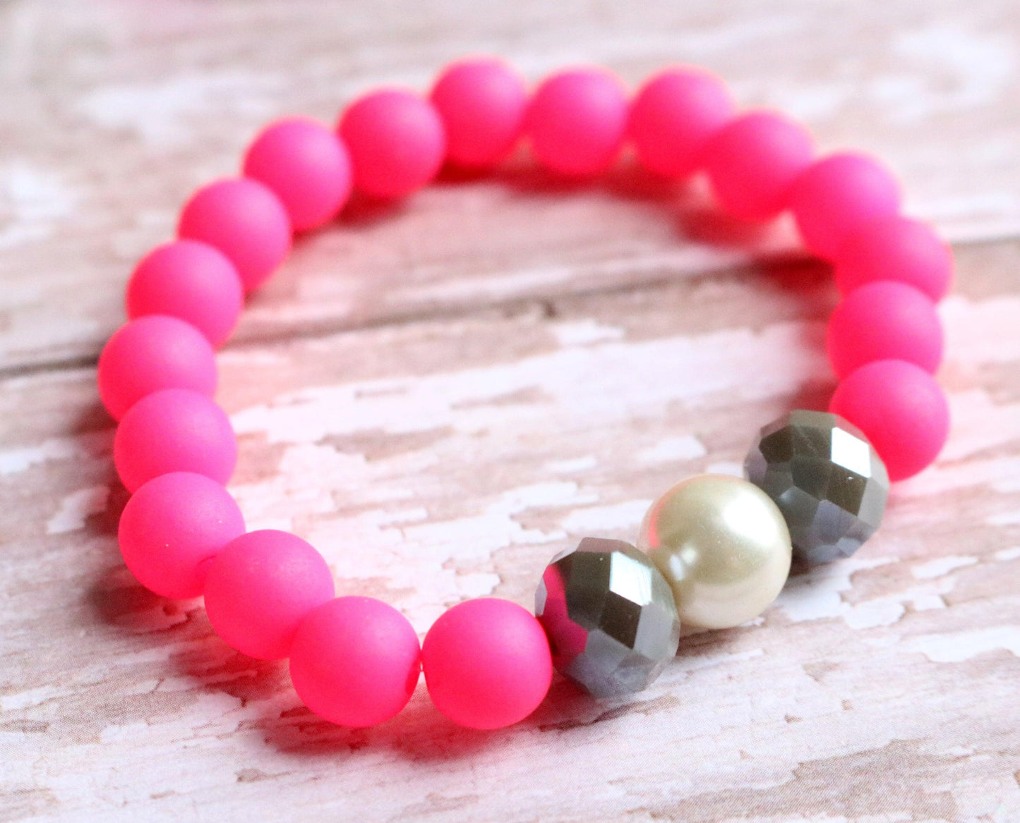 Hot Pink - Faceted Grey - White Glass Pearl - Dance Party Girl's Child Fun Stretch Bracelet - Monkeysmojo