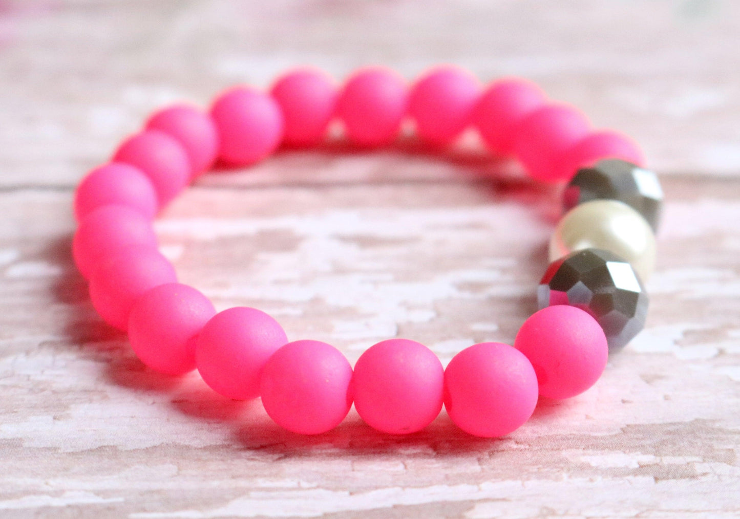 Hot Pink - Faceted Grey - White Glass Pearl - Dance Party Girl's Child Fun Stretch Bracelet - Monkeysmojo